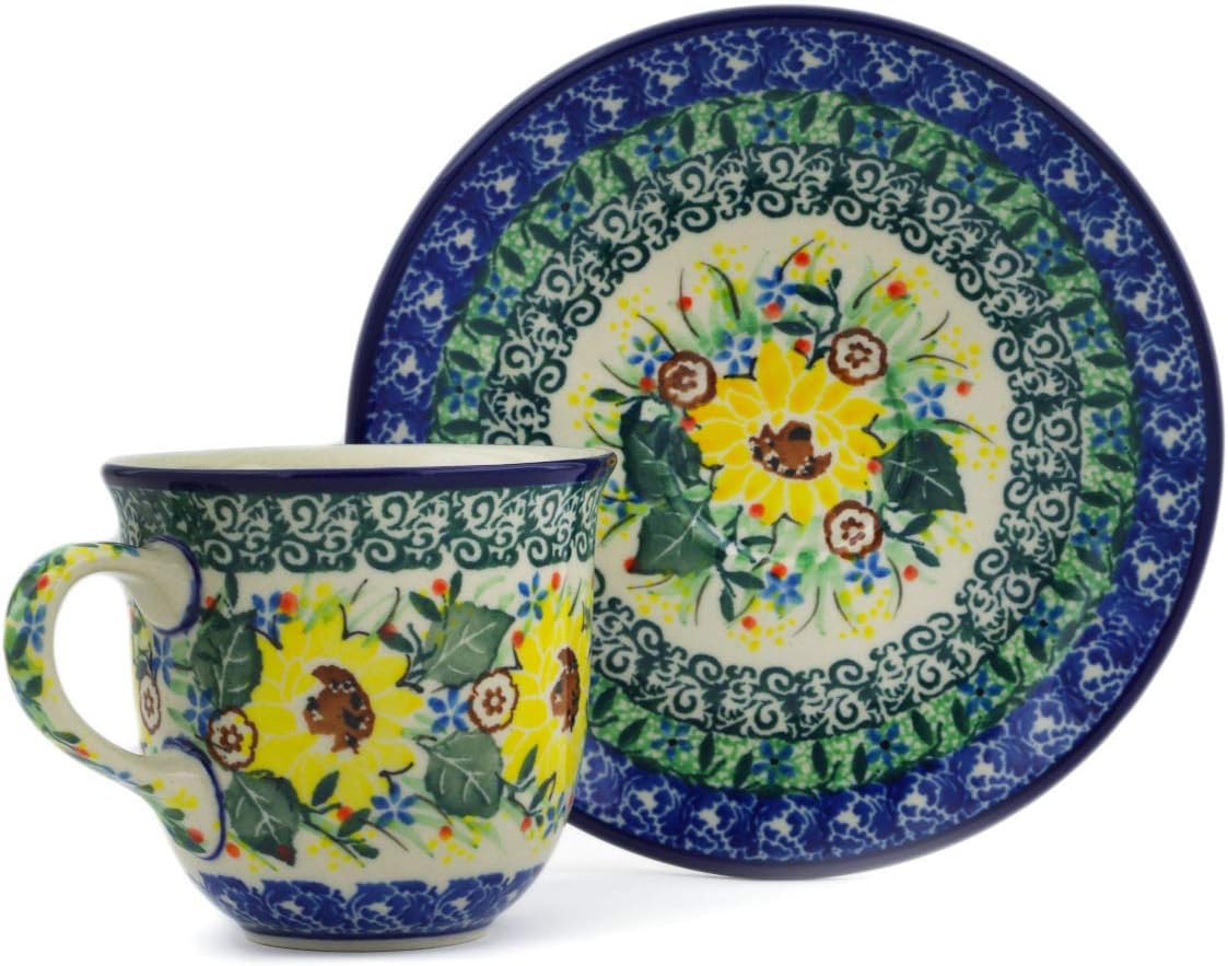 Polmedia Polish Pottery Cup with Saucer UNIKAT - Yellow Garden Pattern Handmade in Boleslawiec Poland by Ceramika Artystyczna + Certificate of Authenticity