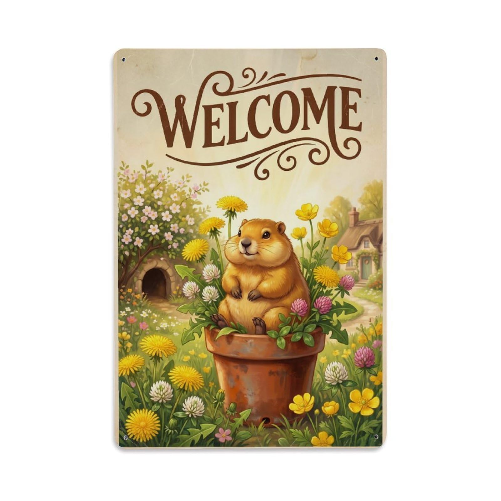 Vintage Welcome Groundhog Cozy Corner Metal Tin Sign