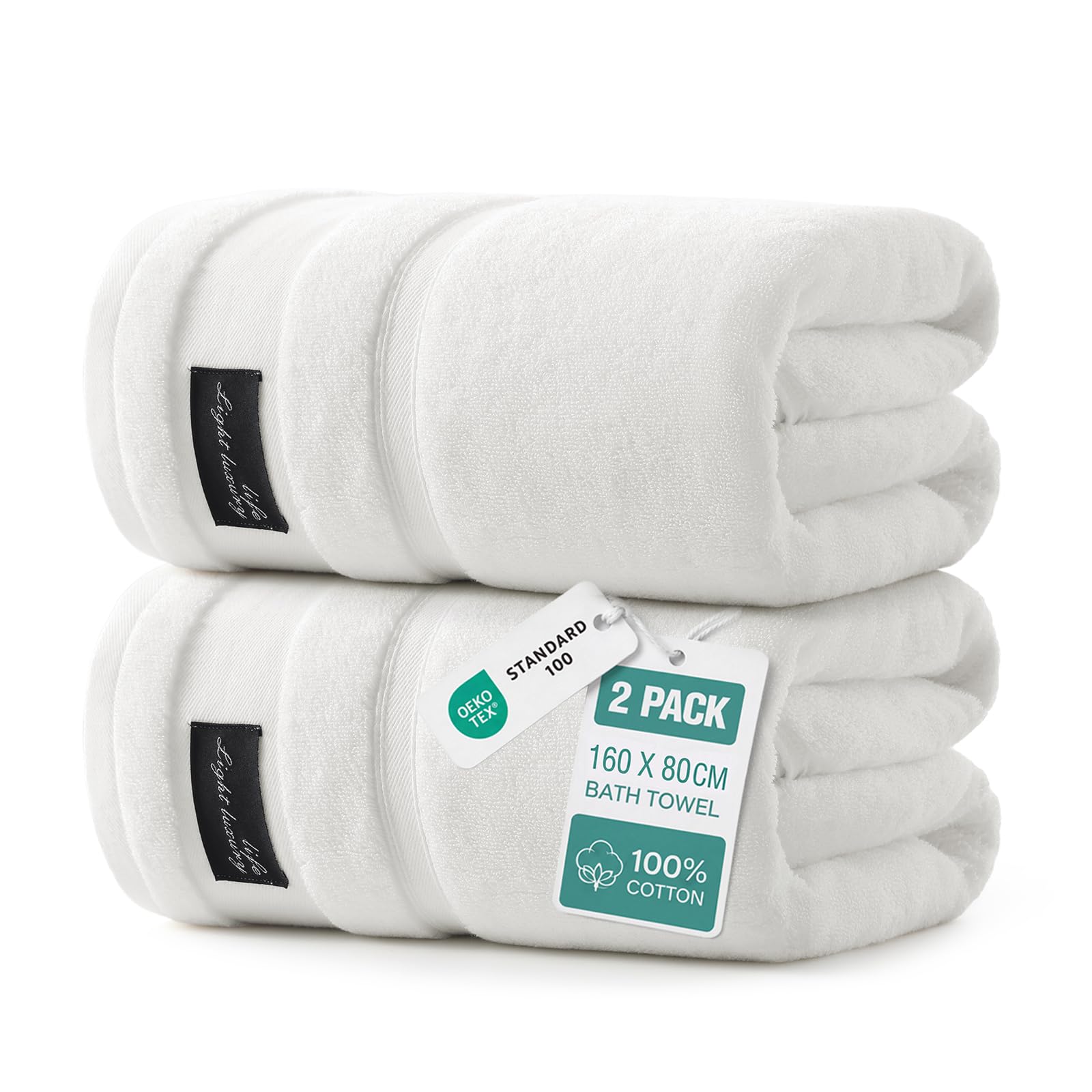 REDKISS White Bath Towels Set of 2-160 x 80CM Large Size 100% Cotton Towel