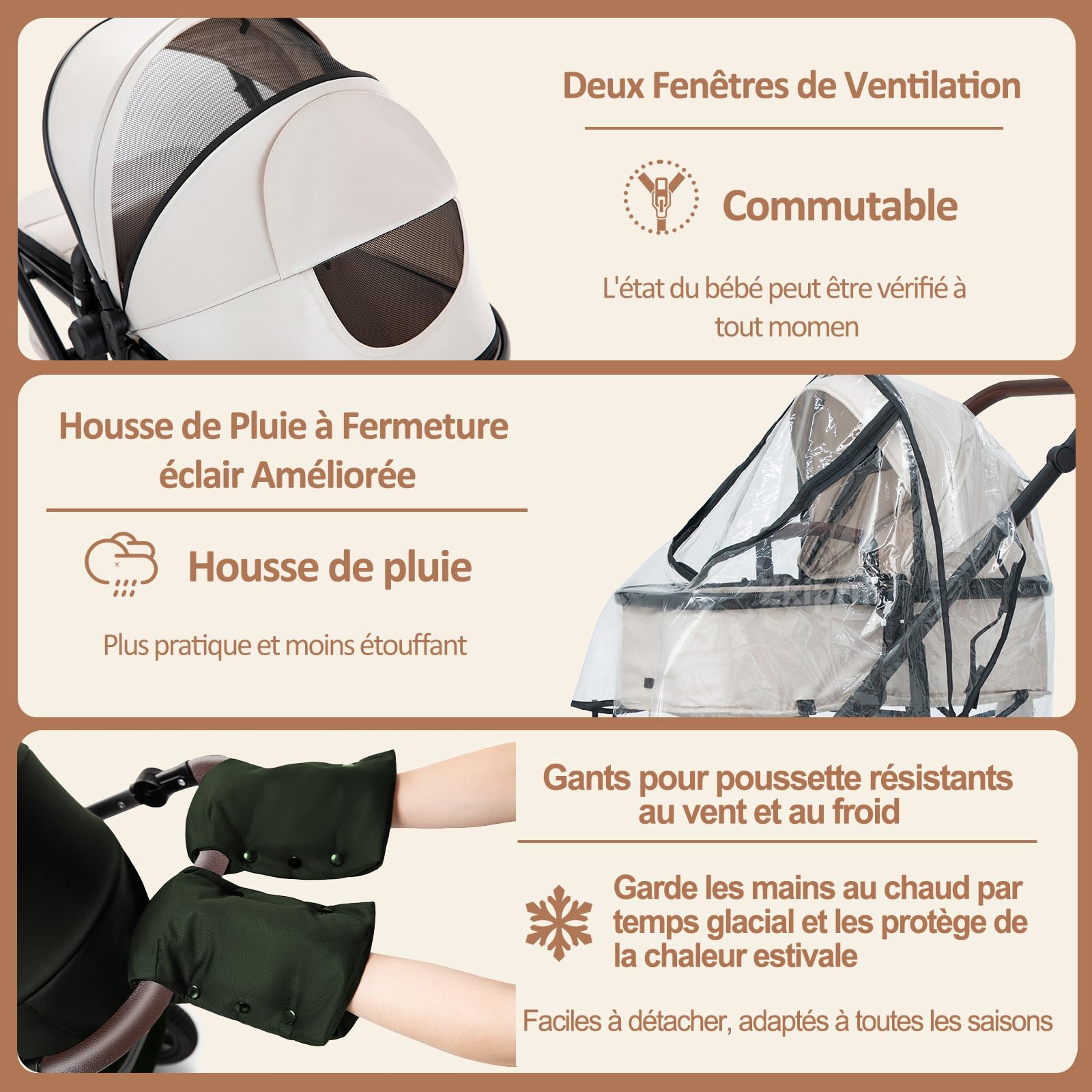 Zkiprm Poussette 3-en-1, Système de Voyage Avec Siège Auto, Accoudoirs Réglables, Habillage pluie, Moustiquaire, Châssis en aluminium, Landau à profil haut pour 0-4 ans
