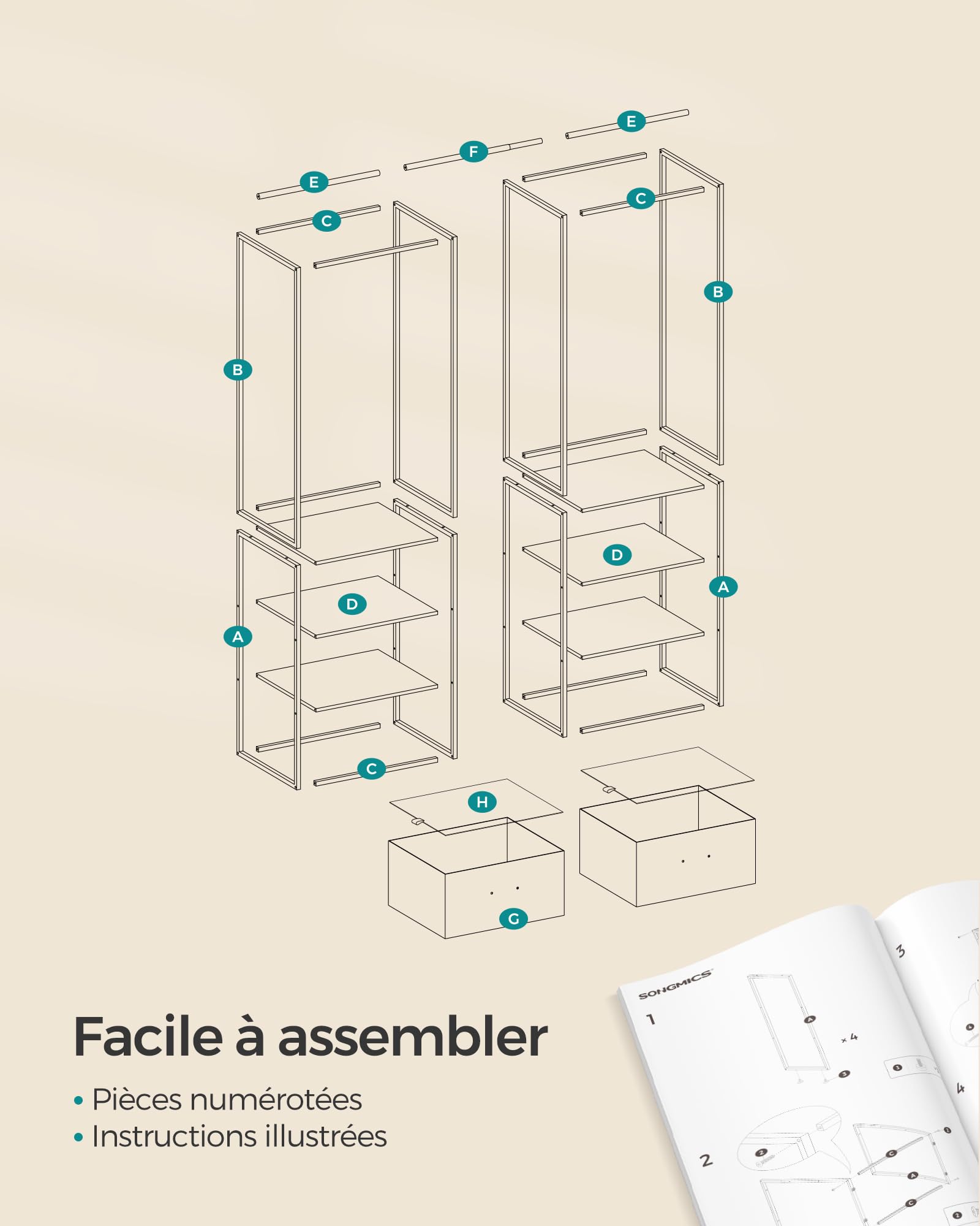 SONGMICS Penderie, Armoire Ouverte, Placard, Porte-Vêtements Solide avec 1 Tringle Extensible, 2 Tiroirs et 4 Étagères, pour Chambre, Gain de Place, Marron Rustique RGR003B01