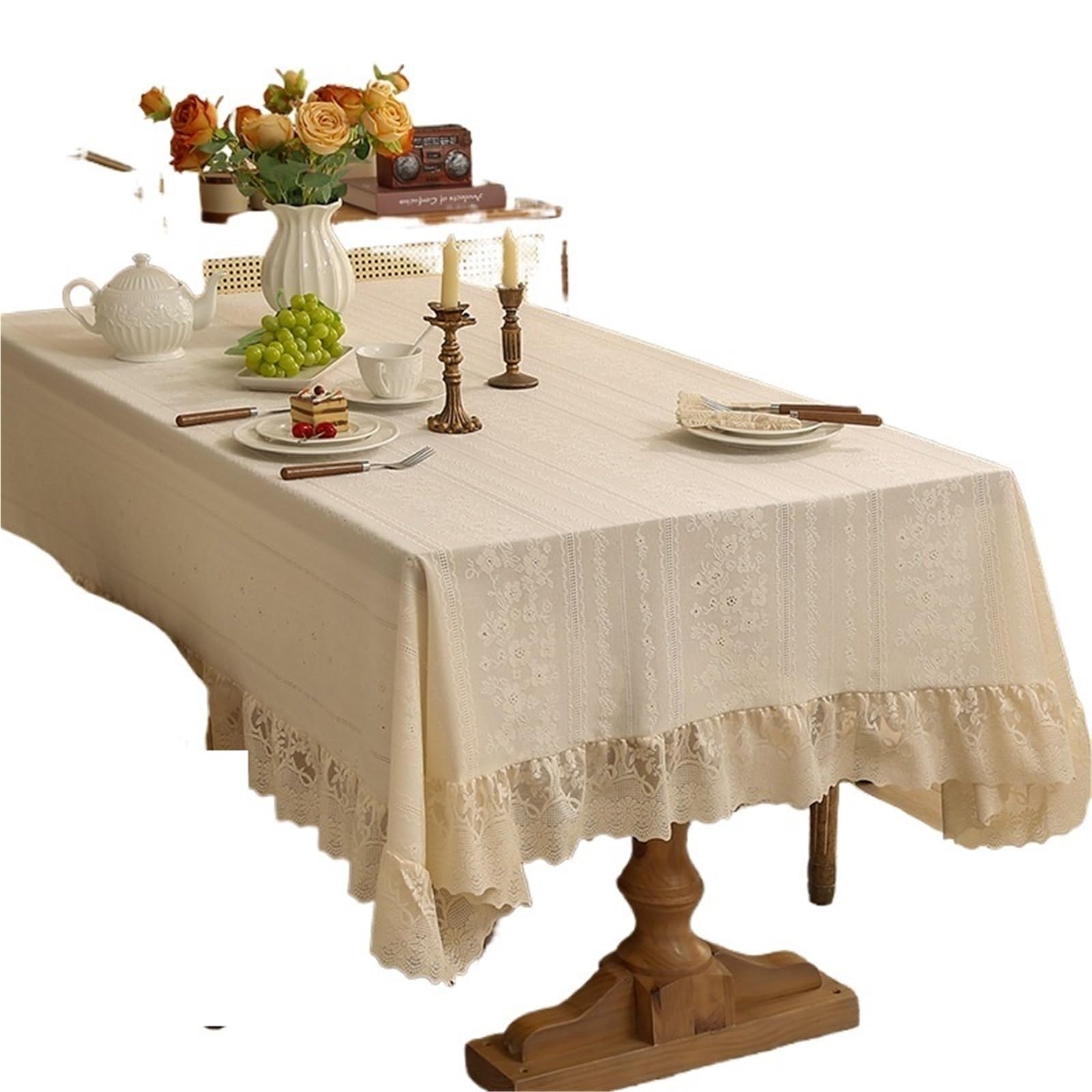 VIOLDHHJK Lace Tablecloth Lace Rectangle Tablecloth Vintage Ruffled Wedding Banquet Decoration Home Garden Party Decor(Yellow,140X180)