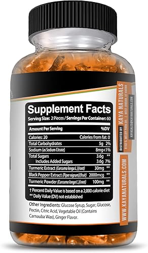 Miniatura 2 de Kaya Naturals Gomitas de suplementos de cúrcuma - Curcumina de cúrcuma Pure Nature - Gomitas de jengibre - Extracto de pimienta negra - 120 unidades