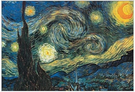 VINCENT VAN GOGH - Starry Night Mounted Print, Blue Yellow Brown, 30 cm x 40 cm