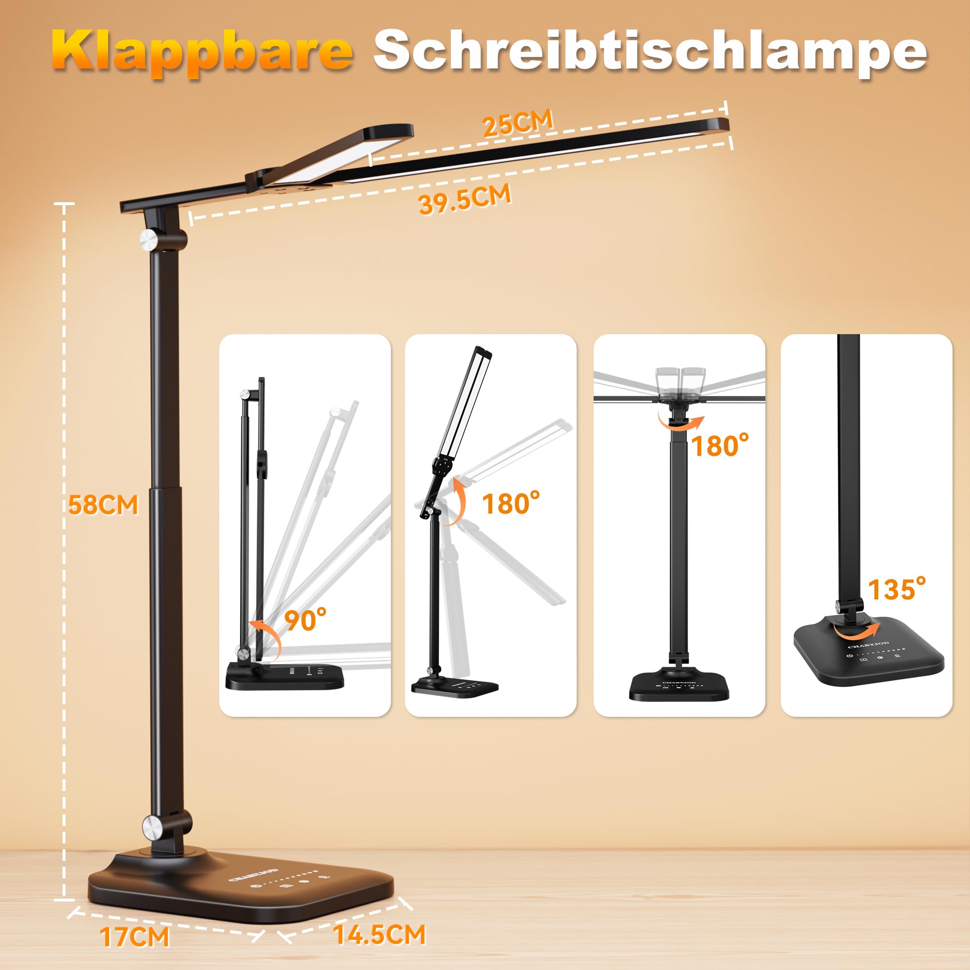 CHARYJOD Doppelkopf Schreibtischlampe LED Dimmbar, Dehnbare LED Schreibtischlampe,Schreibtisch Lampe hat 5-Farbtemperaturen und 10-Helligkeitsstufen, USB-Ladeanschluss