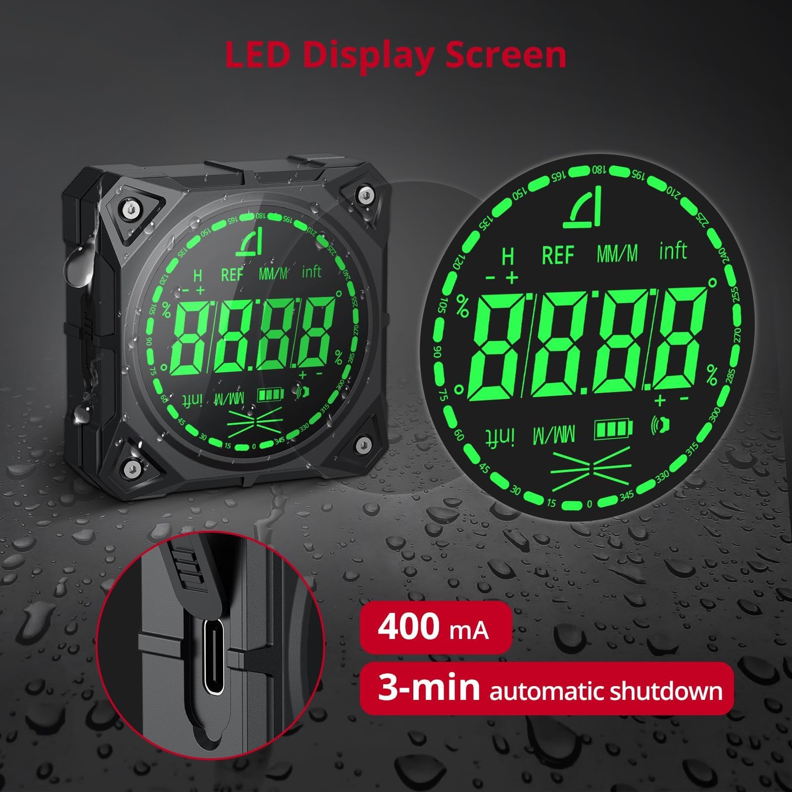 XUNTOP 490° Oplaadbare Digitale Inclinometer met Dubbele Laser, IP54