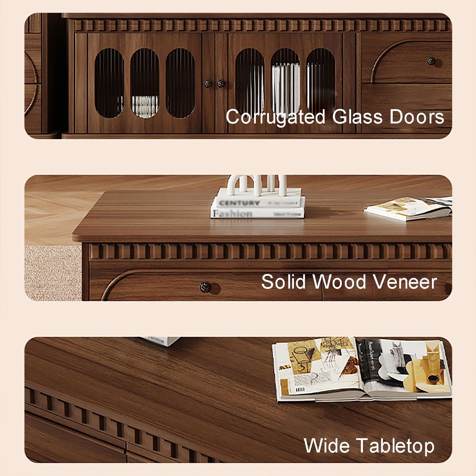 Supporto per console TV vintage con ante in legno massello di vetro Hazy da 180 cm, centro di intrattenimento per soggiorno, mobili eleganti per TV e media