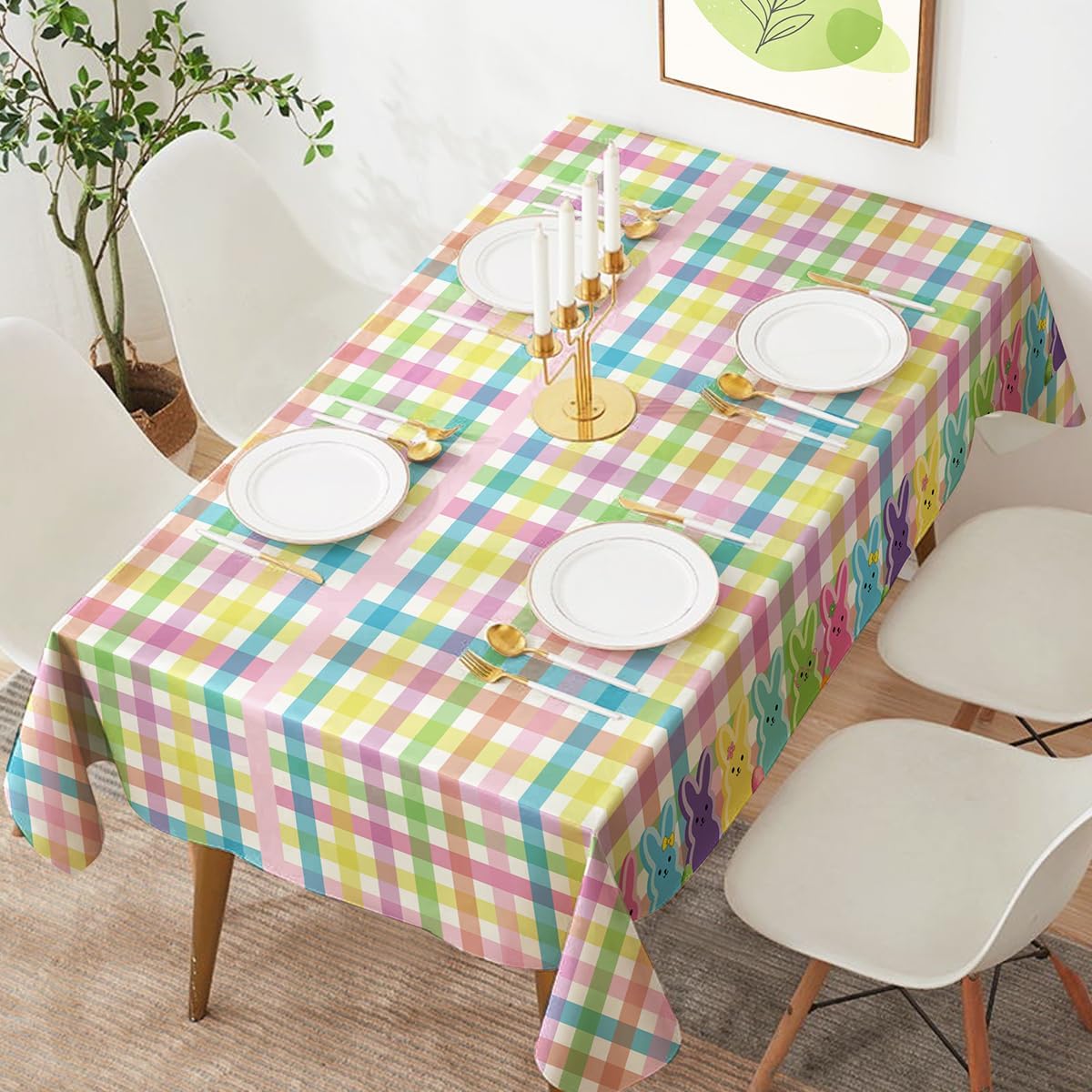 4 Pack Easter Tablecloth Spring Buffalo Bunny Table Cloth Color Plaid Rabbit Tablecloth Disposable Rectangle Table Covers Easter Decorations for Picnic Spring Birthday Party Supplies 51 x 86in