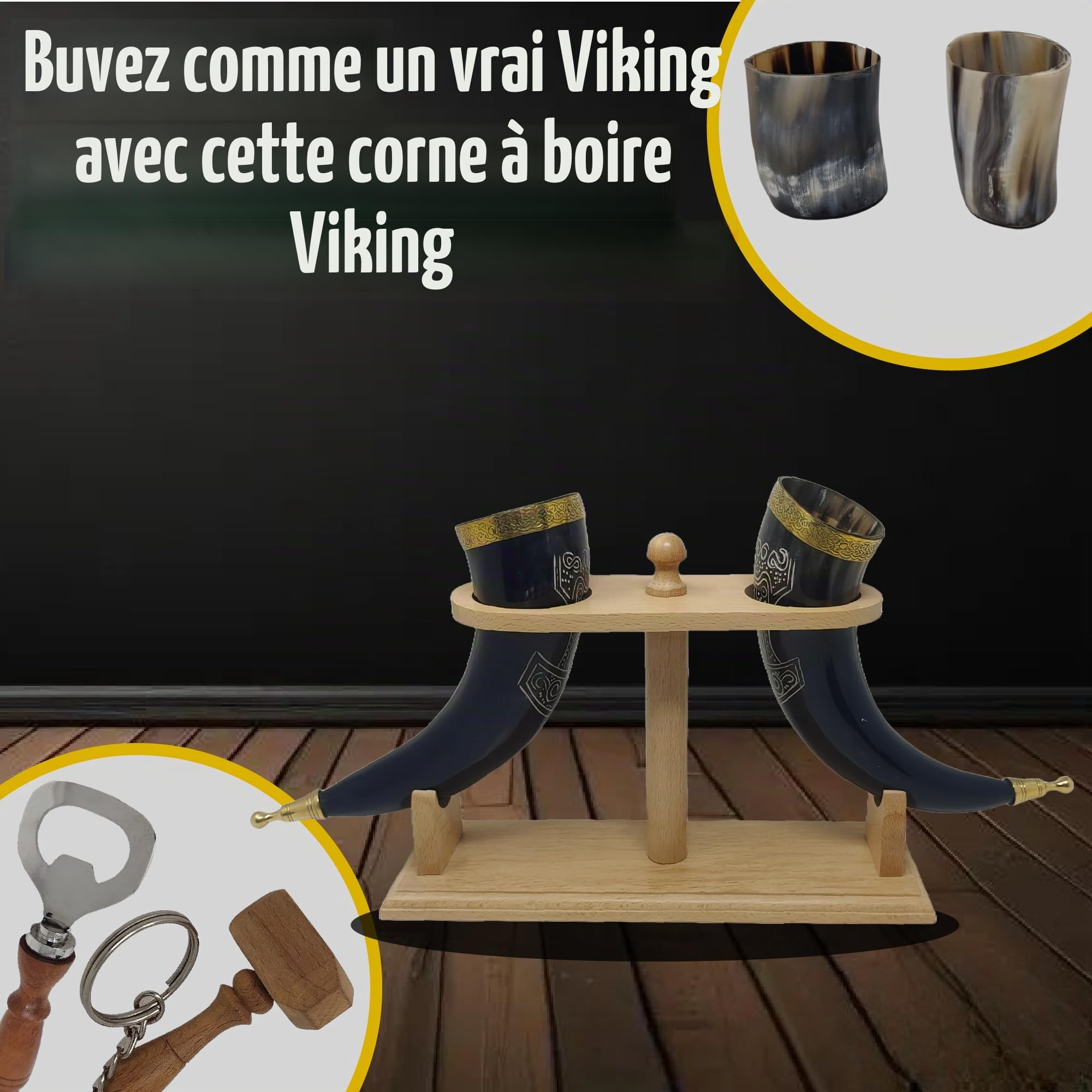 Viking Corne de bœuf | Chope | Tasse | Verre à liqueur | Décapsuleur | 100 % sans fuite | Naturel et fait à la main | Offres combinées (2 cornes avec support en bois)