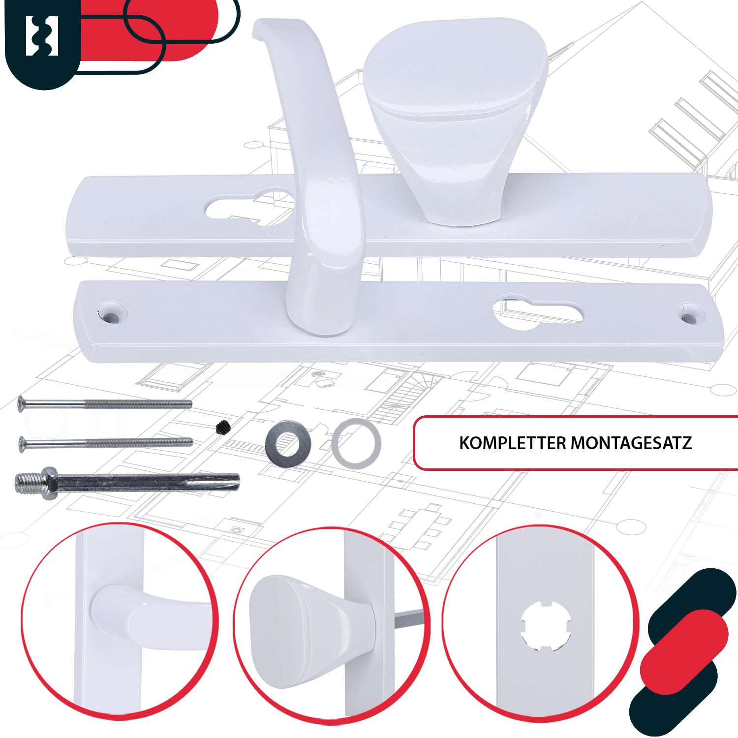 KOTARBAU® Juego de manilla y pomo para puerta, Manilla de cilindro de perfil 72 mm, Manillas de aluminio - blanco, 2 Manetas, Manijas de placa larga, Kit de montaje incluido, Picaporte con pomo