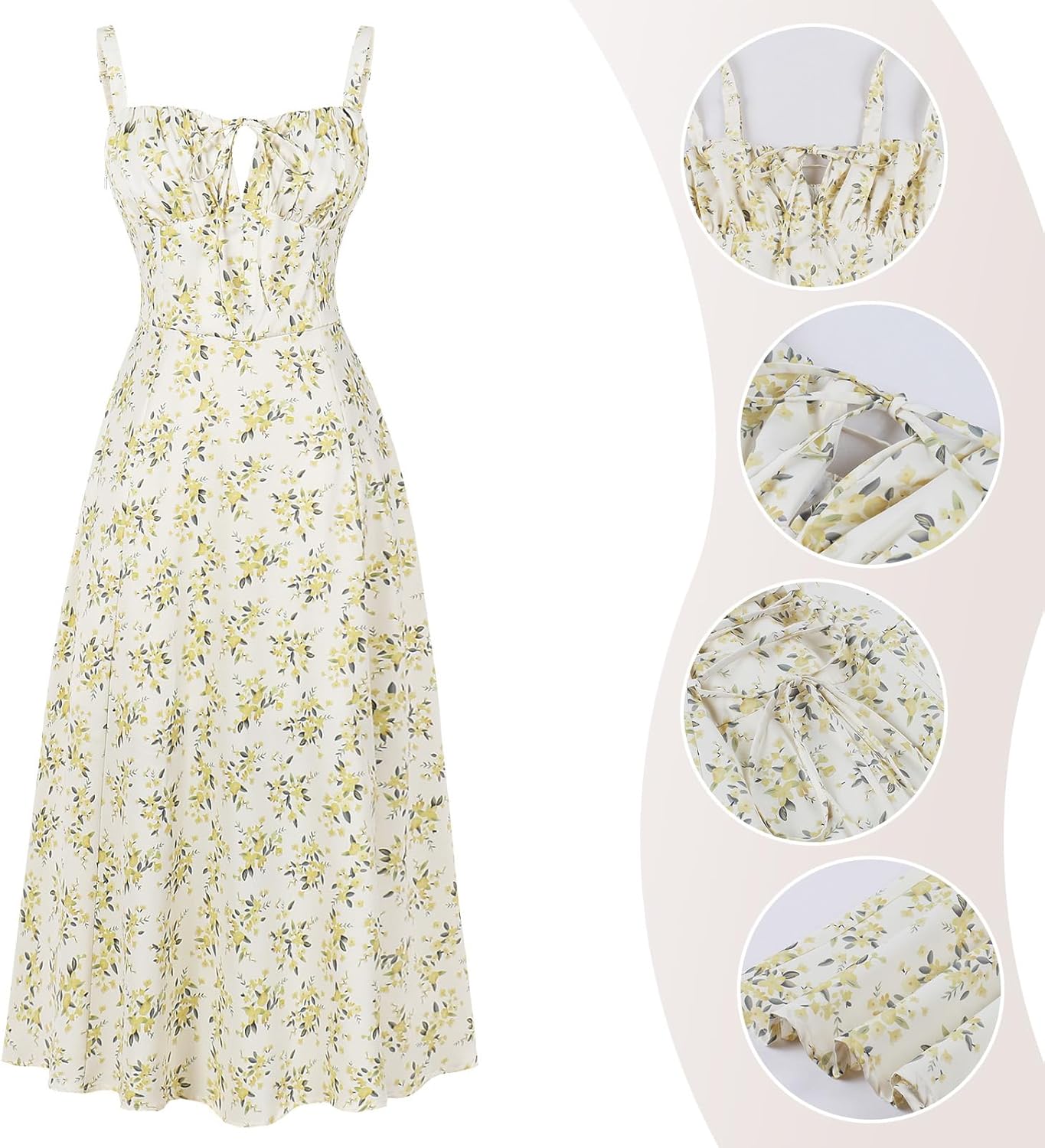 Women Floral Corset Dress, Boho Summer Spaghetti Straps Square Neck Casual Midi Dress Flowy Slit Bustier Dresses