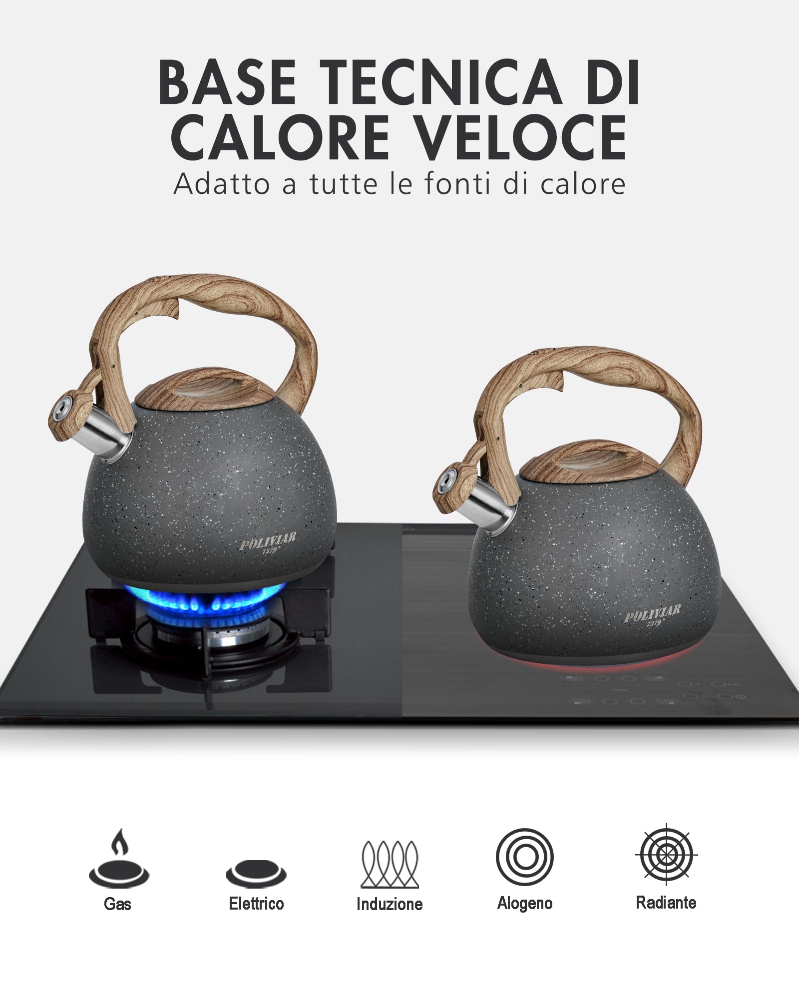 Bollitore Con Fischio 2,5L In Acciaio Inox 304, Manico Legno, Per Induzione E Gas (Beige)