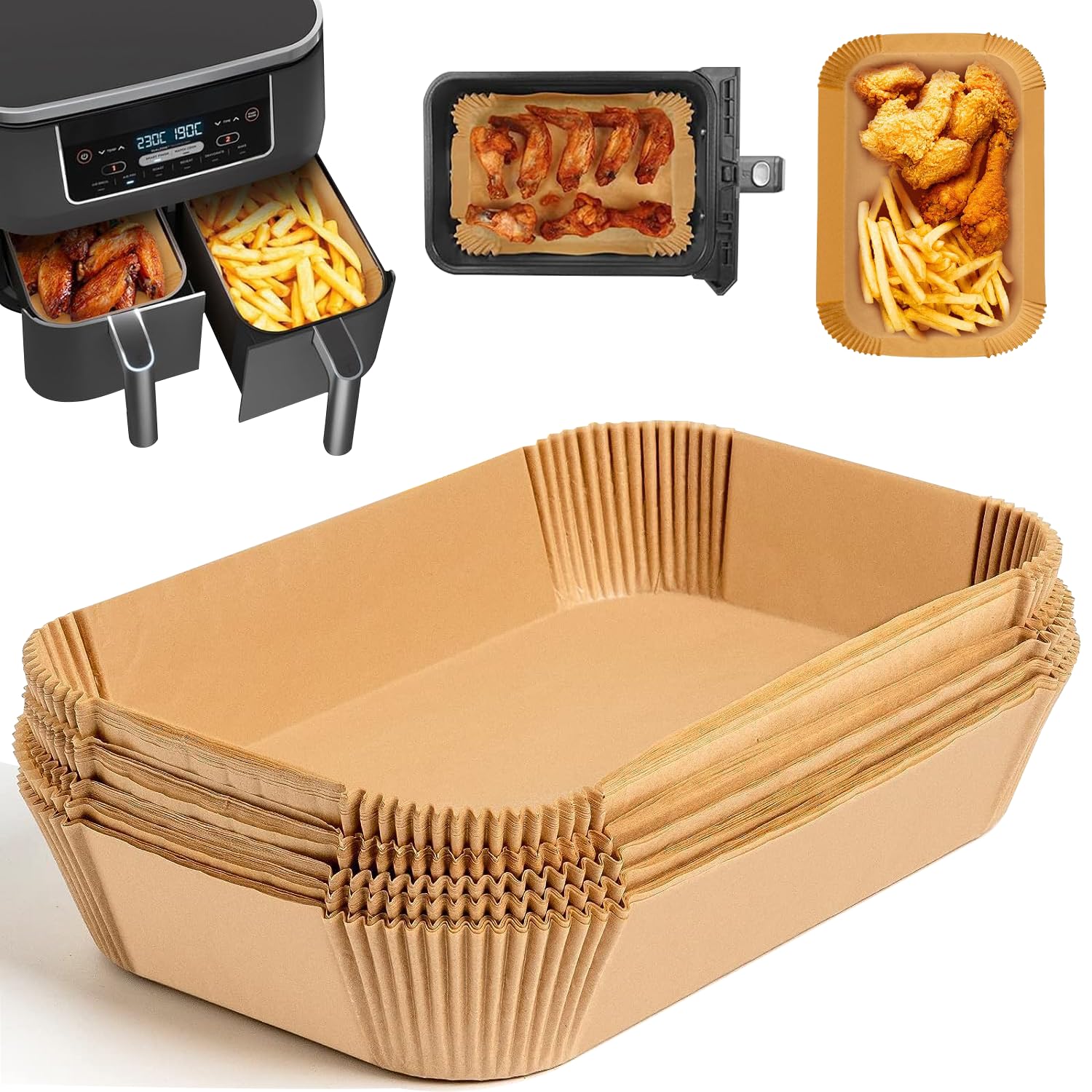  150 Stück Backpapier für Dual Zone Airfryer mit Doppelkammer, 20,3x14cm Rechteckige Papier Liners, kompatibel mit Ninja