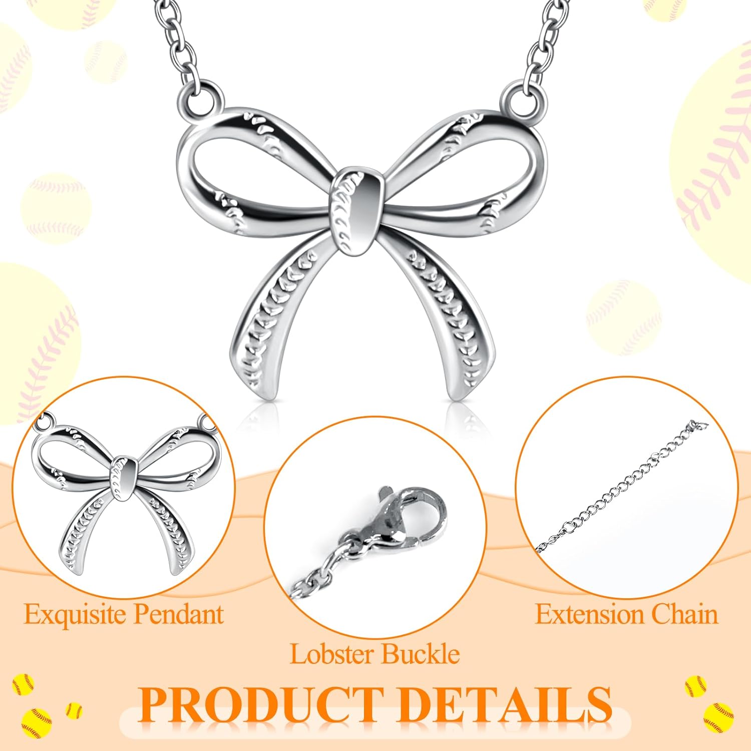 Softball Bow Necklace for Women, Dainty Softball Game Day Pendant necklace, Trendy Sport Jewelry Accessories Birthday Christmas Gift for Softball Team Fan Player Coach Friend Mom (Sliver) - Image 3