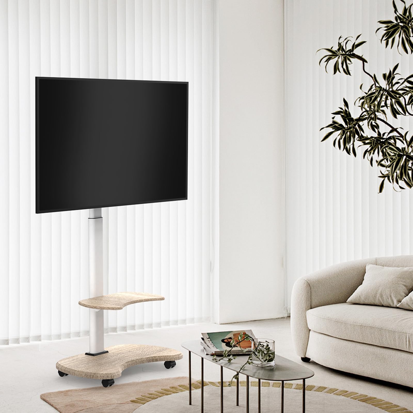 Stellar Supporto TV da pavimento con Ripiano in Legno, Carrello Tele con Ruote Regolabile in Altezza, Piedistallo Televisione 32-70 Pollici, 45 kg, Stand da Terra Universale, VESA 600x400