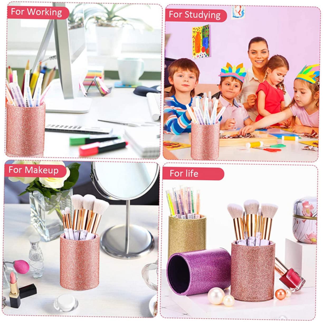 Abaodam 4pièces Porte-stylo Pu Pailleté Organisateur De Bureau Multifonctionnel Pour Crayons Et Pinceaux De Maquillage Rangement Élégant Et Pratique Pour Décoration De Bureau