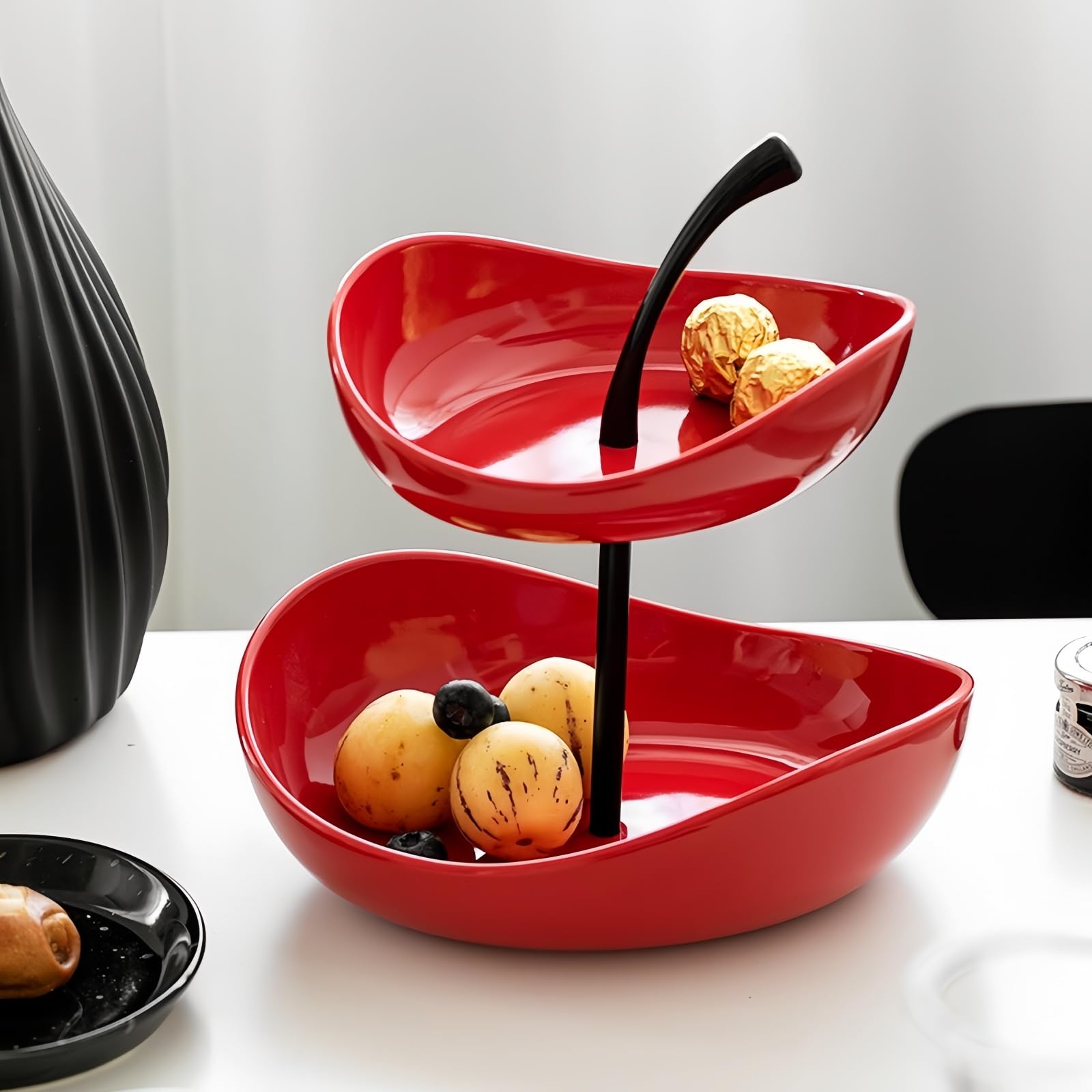 Bandeja de frutas de doble capa Cuenco de frutas de cerámica de 3 niveles Cuencos de cerámica de varias capas con soporte de metal, bandeja para servir,Rojo,Double Layer