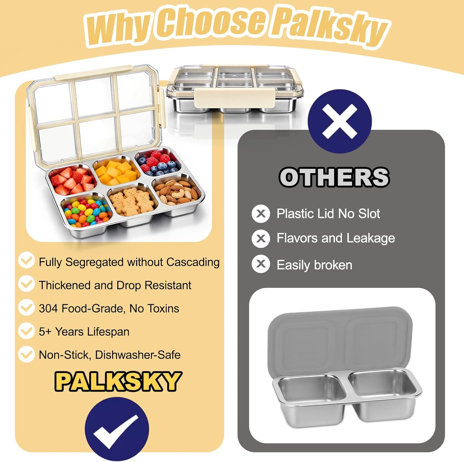 Palksky Snack Box Stainless Steel 6 Compartment, Reusable Snack Containers with Lids, Portion Control Snack Boxes for Adults, Ideal for Office Desk, Travel, Picnic & Fitness, 2 Packs