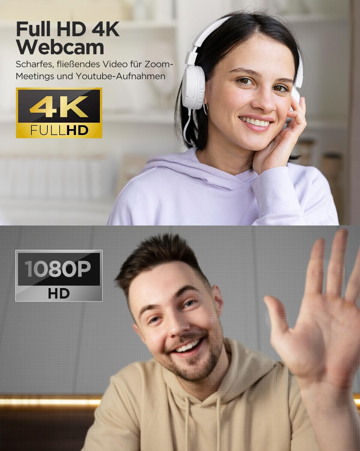 NIVEOLI Webcam 4K con microfono e copertura webcam, treppiede, desktop, per streaming live videochiamata, conferenza, lezioni online, gioco plug & play con correzione automatica della luce per