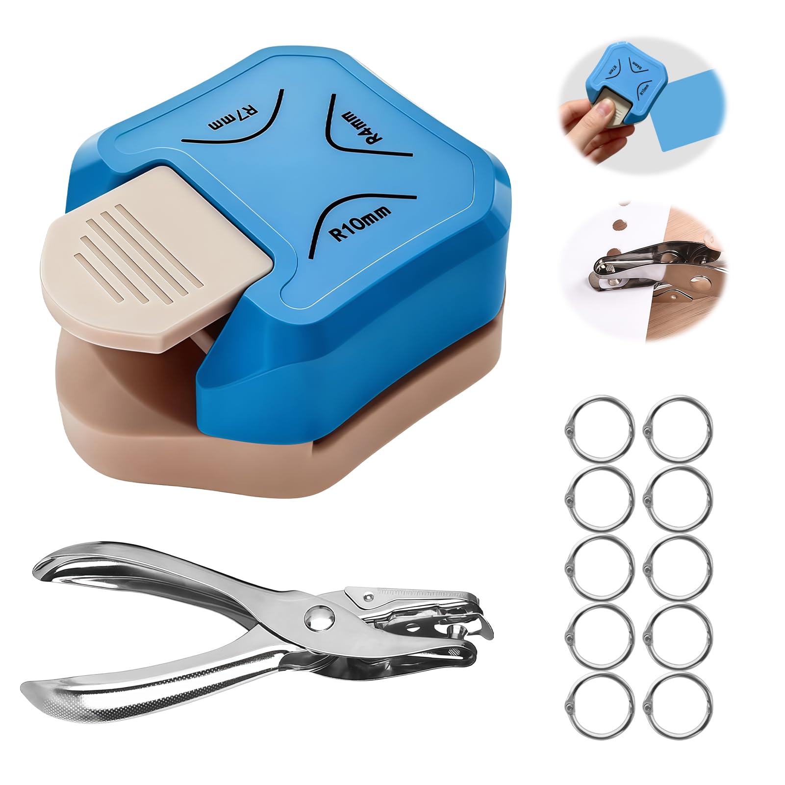 3 in 1 Corner Rounder Punch Blue, 3mm Hole Punch with 10pcs Loose Leaf Binder Rings, 3-Way Corner Cutter R4/R7/R10mm for Paper Crafts, Card Making, Scrapbooking and Laminate Crafting Supplies