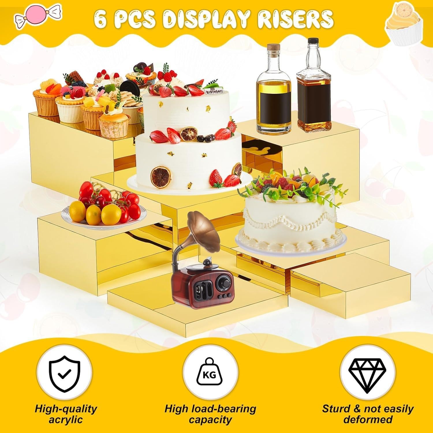 HEYOUTH Set de 7 elevadores grandes para buffet (15-30 cm) de acrílico – Cajas expositoras cuadradas con fondo hueco para mesas de postres, presentación de alimentos y suministros de catering (Gold)