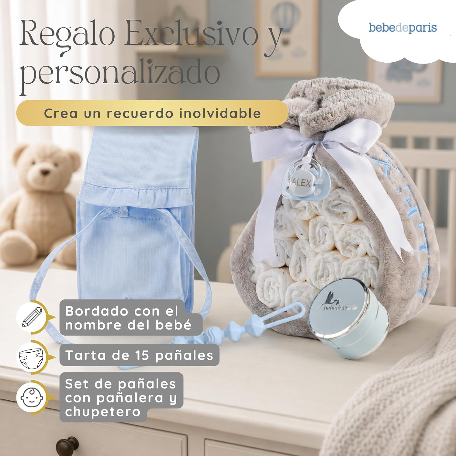Gâteau à couches avec couche | Couverture polaire et tétine personnalisée + tétine en silicone + 15 couches Moltex | Cadeau pour nouveau-né Baby Shower Naissance (bleu) BebeDeParis