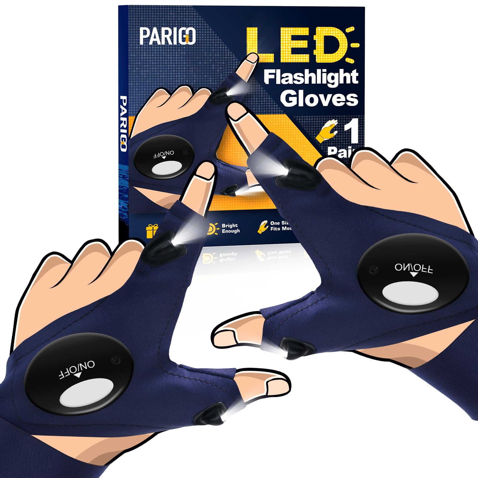 PARIGO LED Flashlight Gloves with Fights Finger Light UP Gloves for Adults