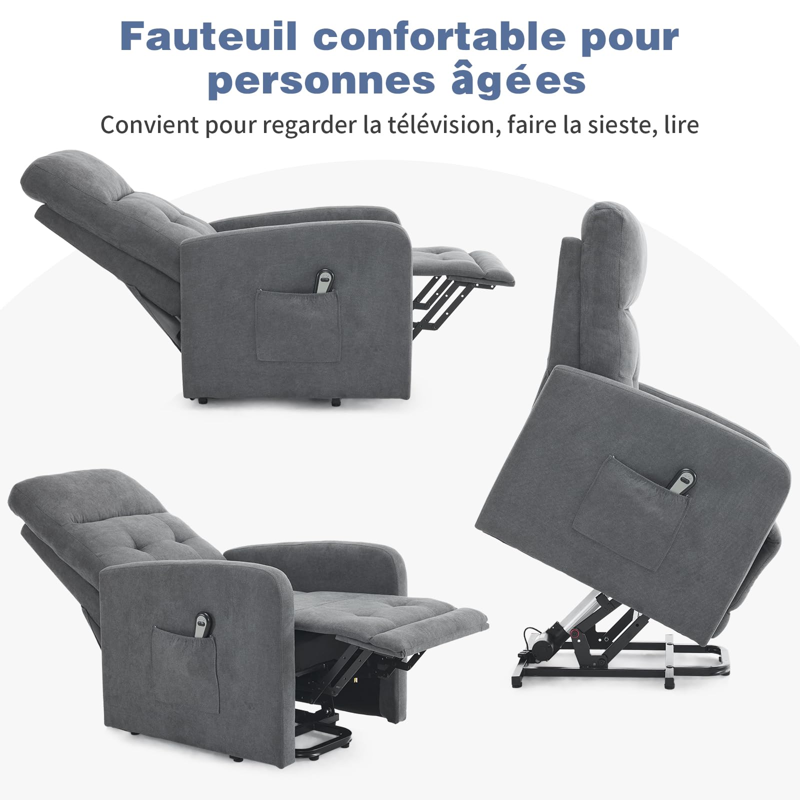 Fauteuil Releveur Relax, Fauteuil de Relaxation, Inclinaison Réglable et Repose-Pieds Télécommande (Gris foncé)
