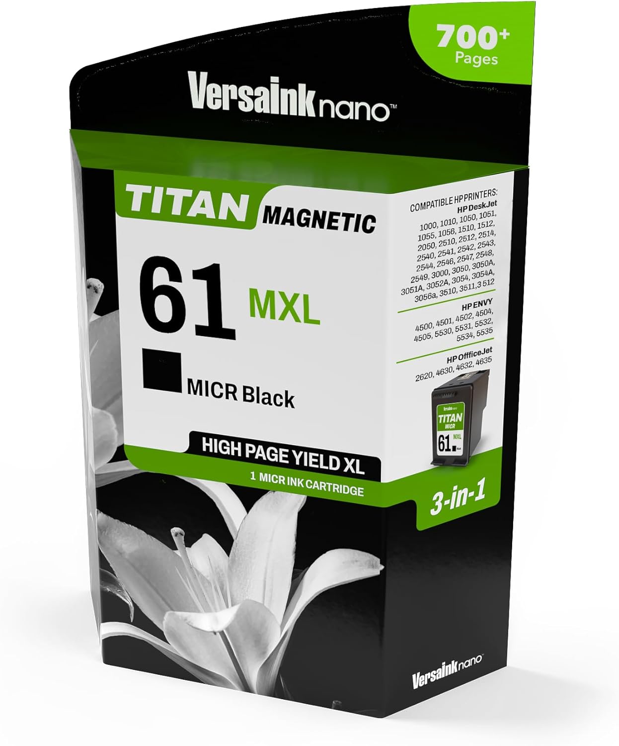 VersaInk-Nano HP 61 MXL Titan-Magnetic (MICR 3-in-1) Black Ink Cartridge Replacement of HP 61 and 61 XL, Works with HP DESKJET 3510,1010,3050,3050A,3000,1000,2540, Envy 5530,4500, OFFICEJET 4630