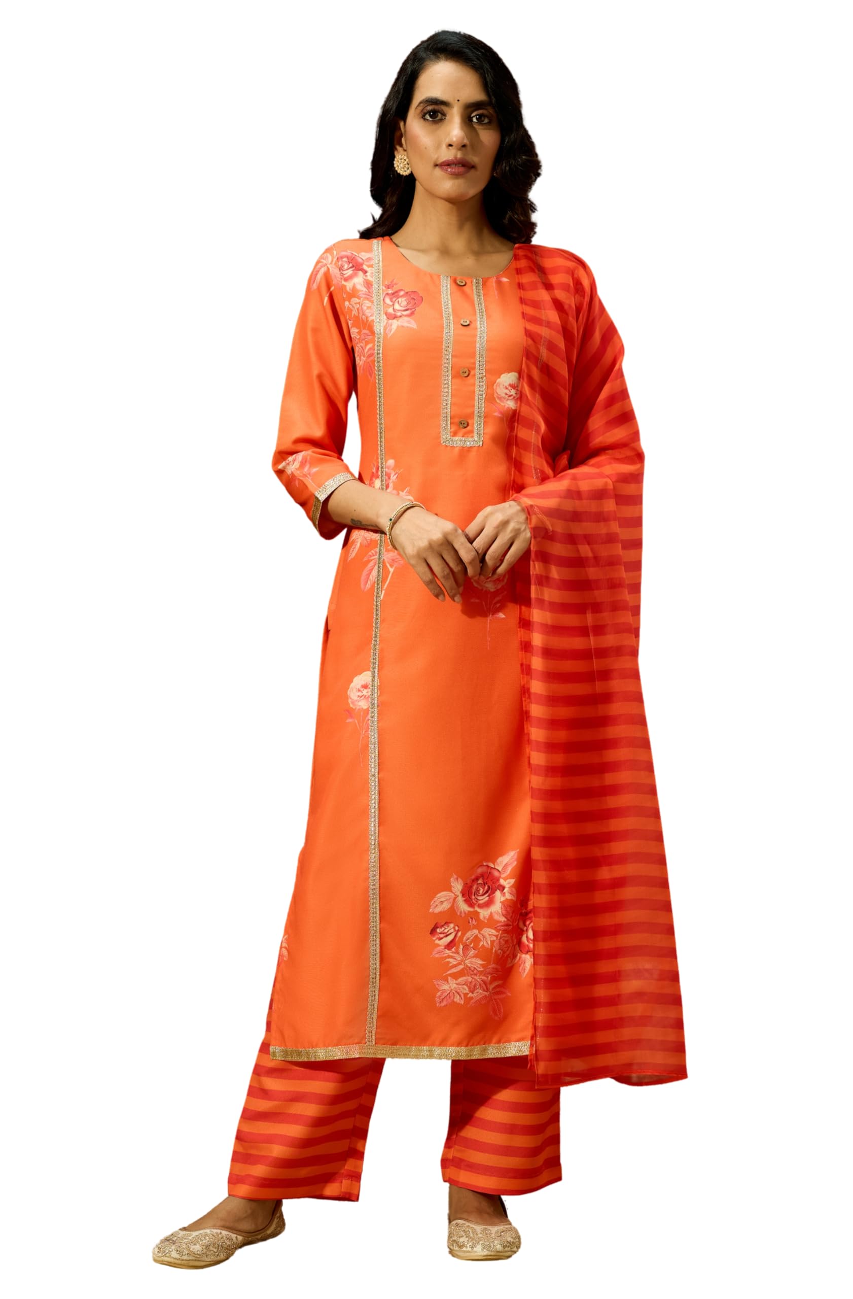 janasya Women's Orange Cotton Blend Embellished Straight Kurta Set-picture-28