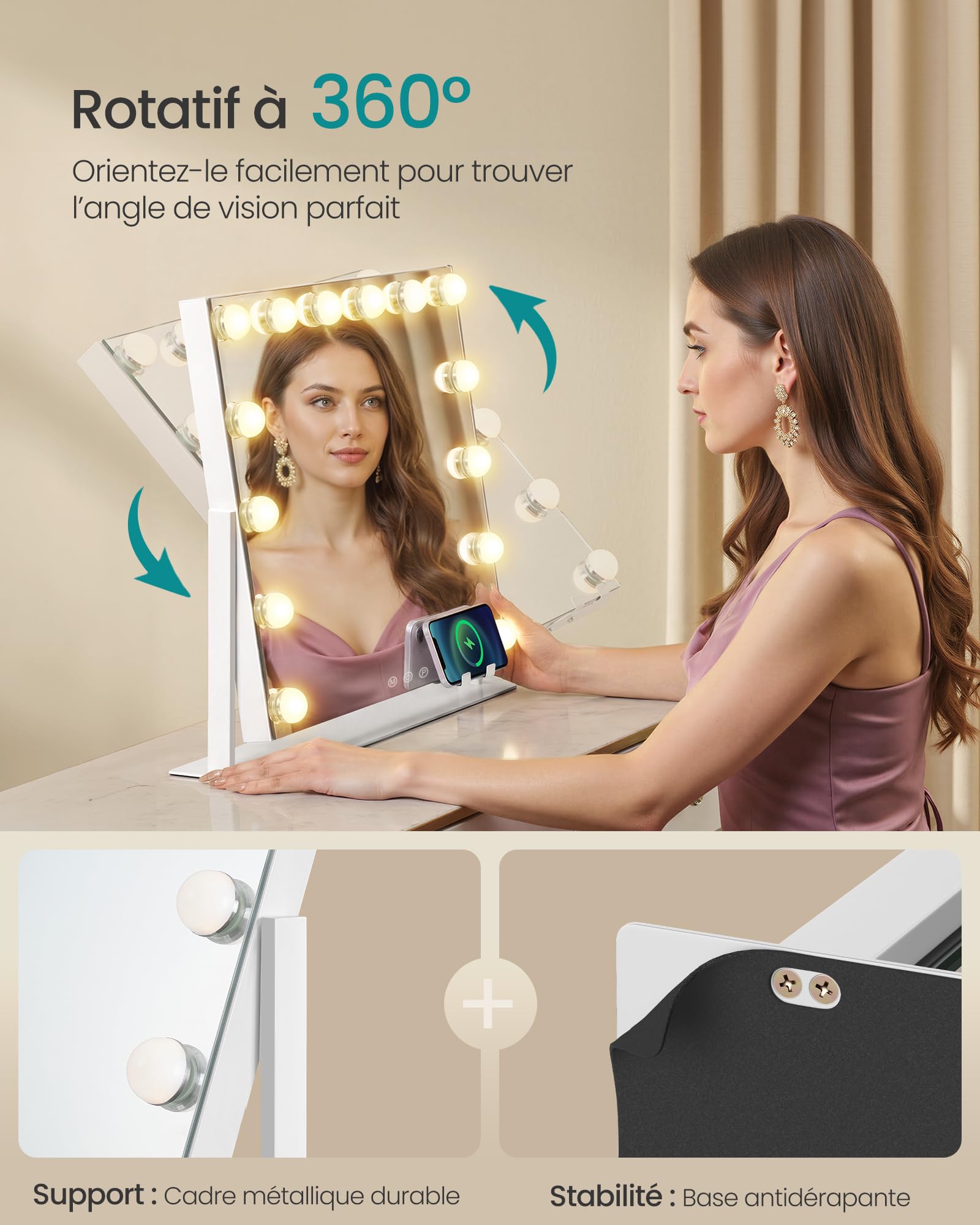 SONGMICS Miroir de Maquillage avec Lumières, 14 Ampoules LED, Ports de Charge, Miroir Grossissant Détachable 10x, 3 Températures de Couleur, Support de Téléphone, 50 x 42 cm, Blanc Mat LWM007WC02