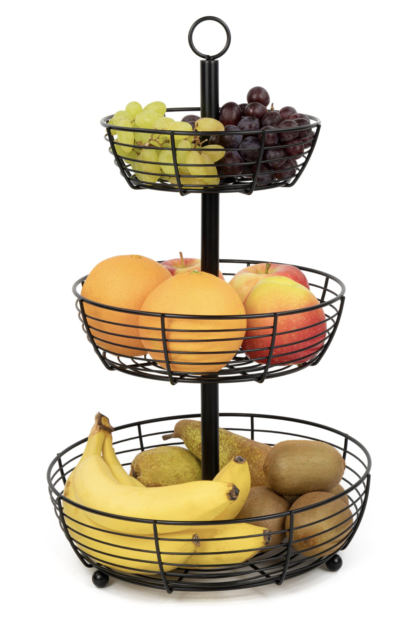 3-stöckige - Obstschale mit Insektenschutz – Schwarz - runde Teller Ø29 cm, Höhe 47 cm – Obstkorb - Obstständer -für Obst & Snacks - Gemüse -
