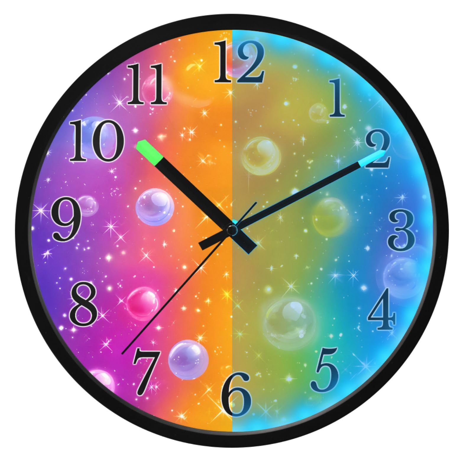Mnsruu Reloj de pared luminoso con patrón de burbujas coloridas de arcoíris degradado, funciona con pilas, reloj silencioso que brilla en la oscuridad, para sala de estar, cocina, 12 pulgadas
