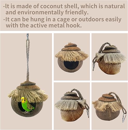 Vista 40 de Tfwadmx Casa colgante para pájaros con escalera, fibra de coco natural, nido de pájaros, conchas de coco, escondite, agapornís, columpio, juguetes