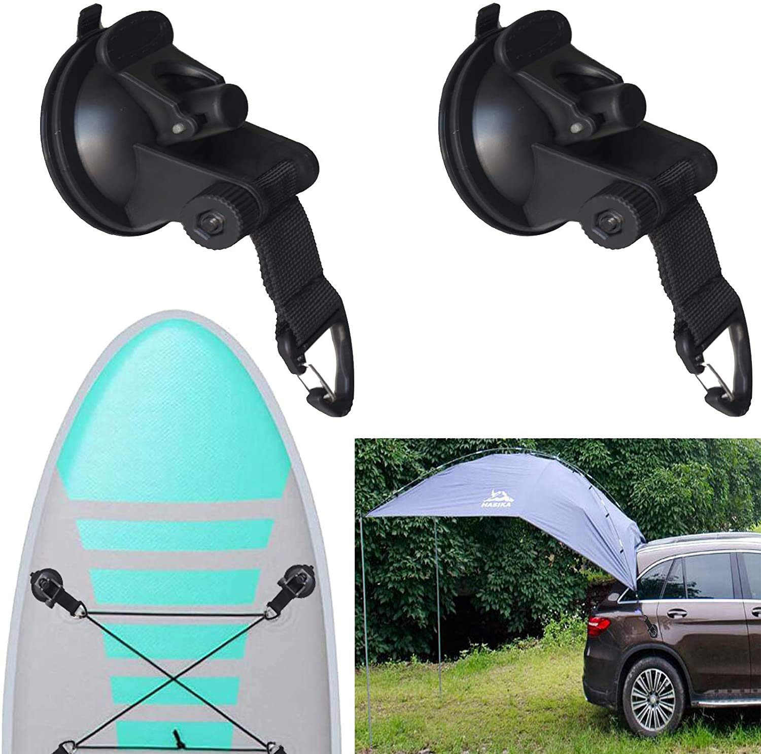 2 pack, Suction Cup Tie Downs, Heavy Duty Self-sticking Double suction, Suction Anchor Suction Cup with Straps For Car roof Boat Kayak SUP Trailer Transom Easy Tie Down Suction Strap Hook Holder