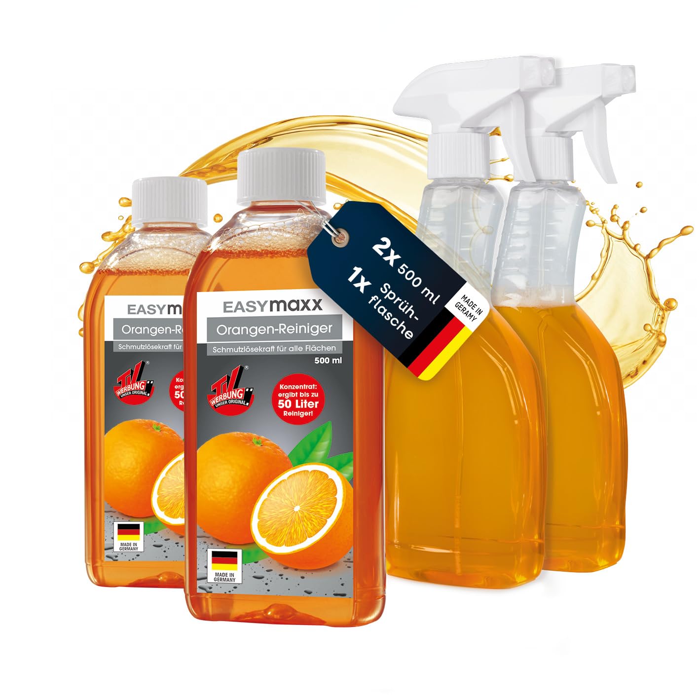 EASYmaxx Reinigungs-Konzentrat Orange 2x500ml Set mit Sprühflasche | Ergibt 100 Liter Allzweckreiniger | Mühelose Reinigung von allen Flächen | Ideal für Kochfelder, Grillroste, Backöfen u.v.m.