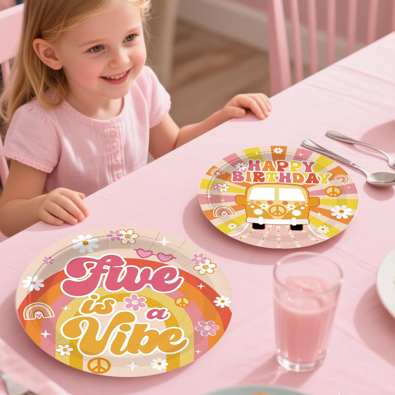 291pcs Five is a Vibe Birthday Party Decorations, One-stop Set for 25 People, Includes 350gsm Plates Cupcake Toppers and Centerpieces, 5th Birthday Decorations Girl for Happy 5th Birthday