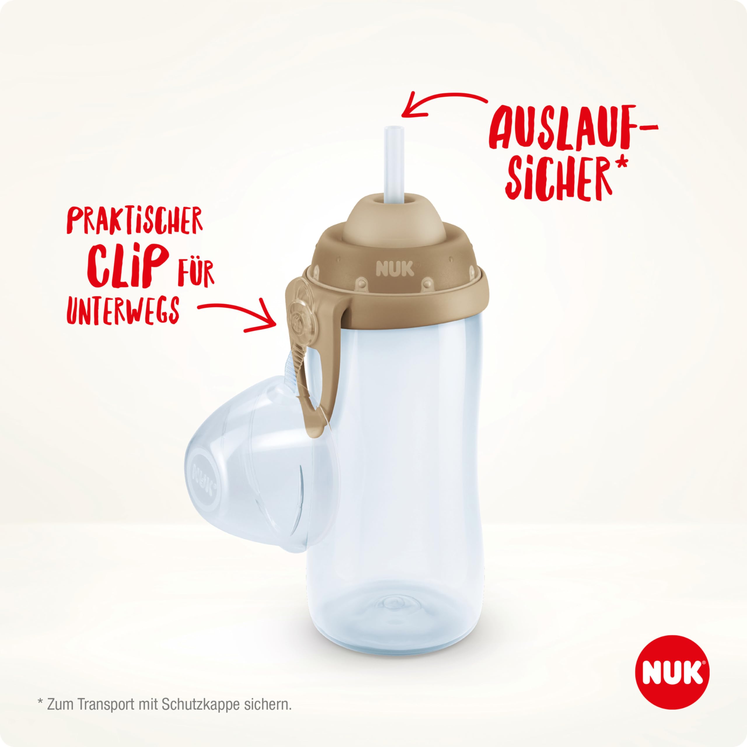 Der NUK Flexi Cup mit seinem praktischen Clip zur Befestigung und der hygienischen Schutzkappe.