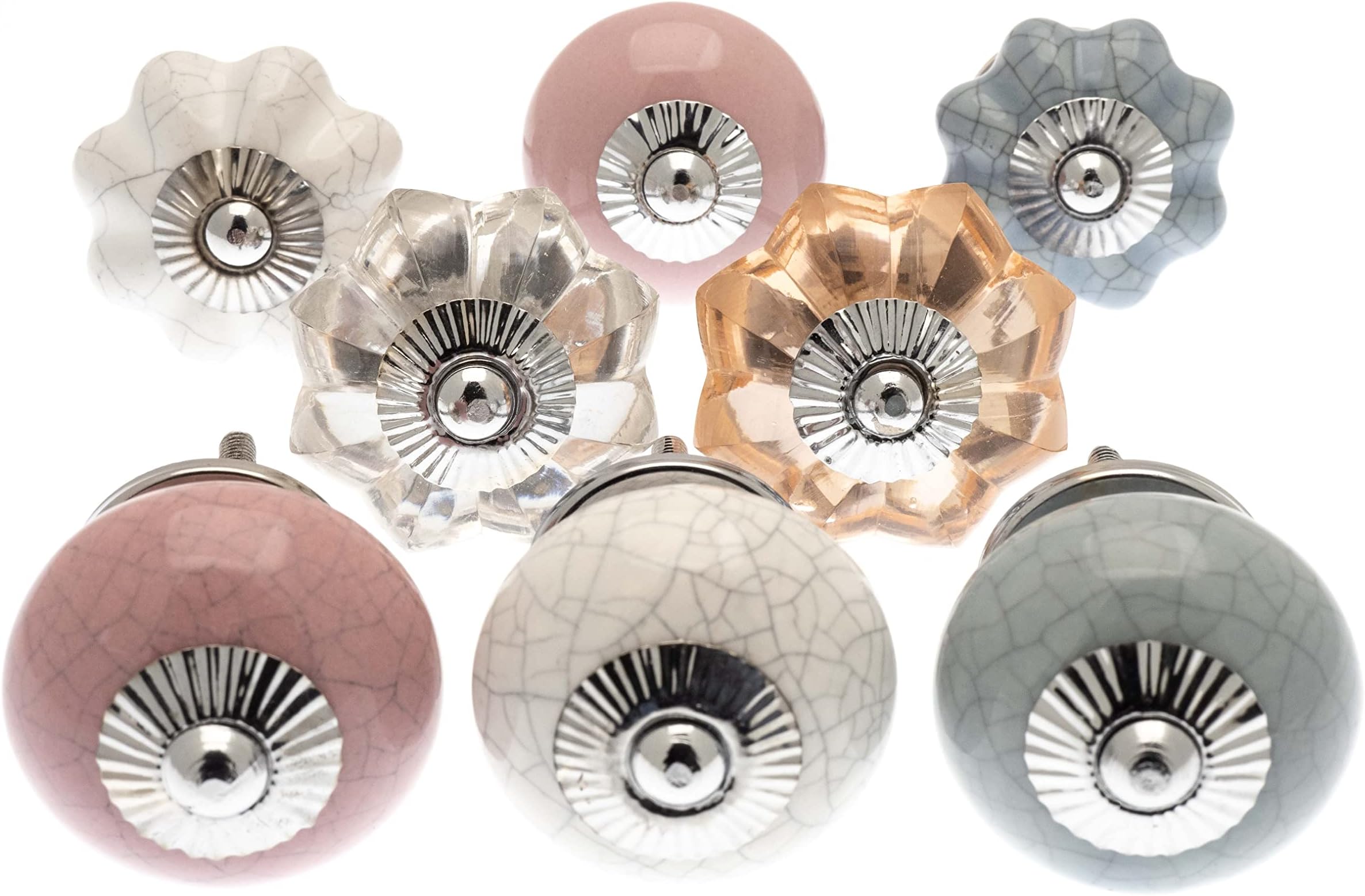 knoa Glass and Ceramic Knobs in Pastel Pinks, Grey and White Crackle Effects - Set of 8