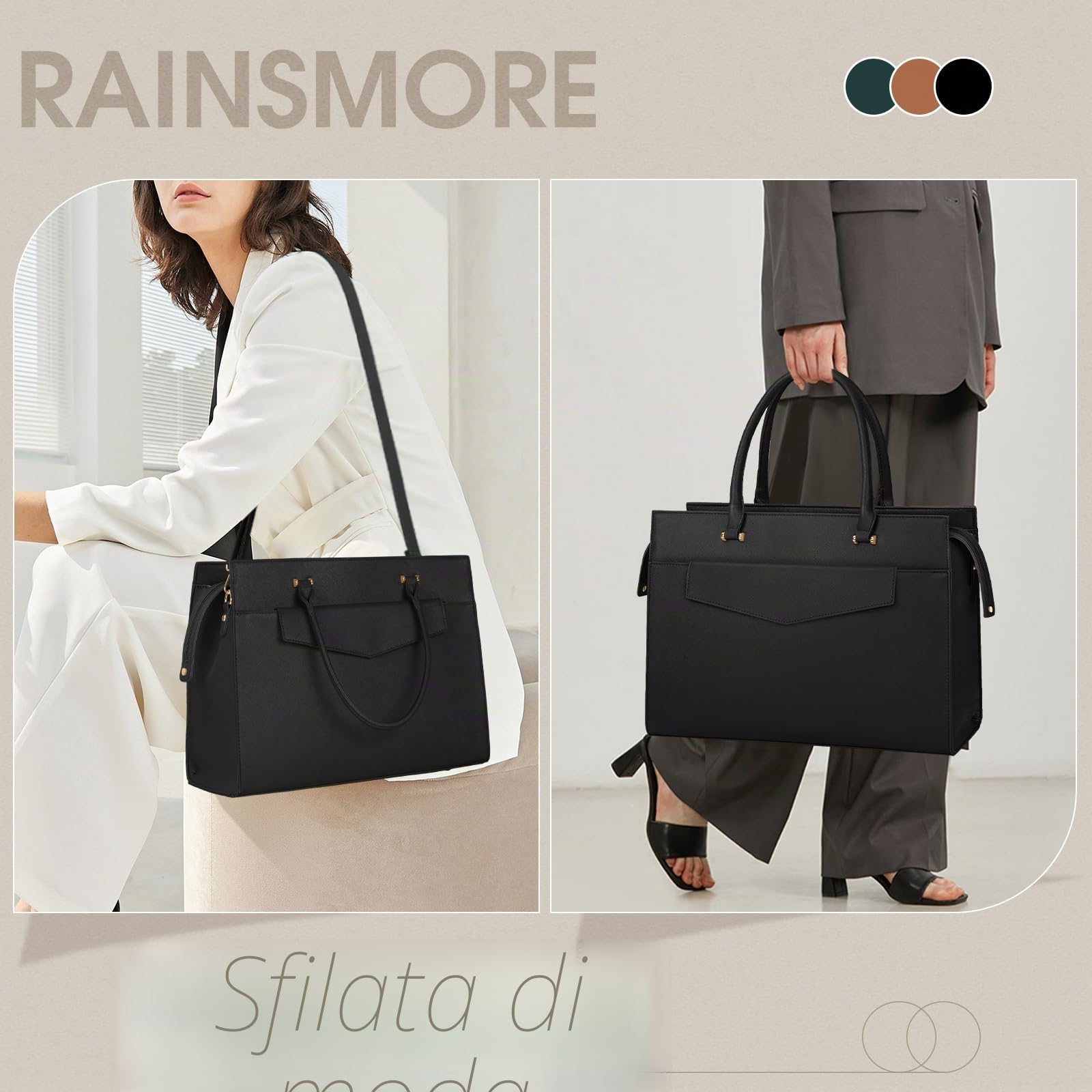 RAINSMORE Borsa porta PC Donna Borsa Donna Grande Borsa Lavoro Donna Borse Tote Borsa a Tracolla Pelle Scuola Elegante Universita Impermeabili 15.6 Pollici