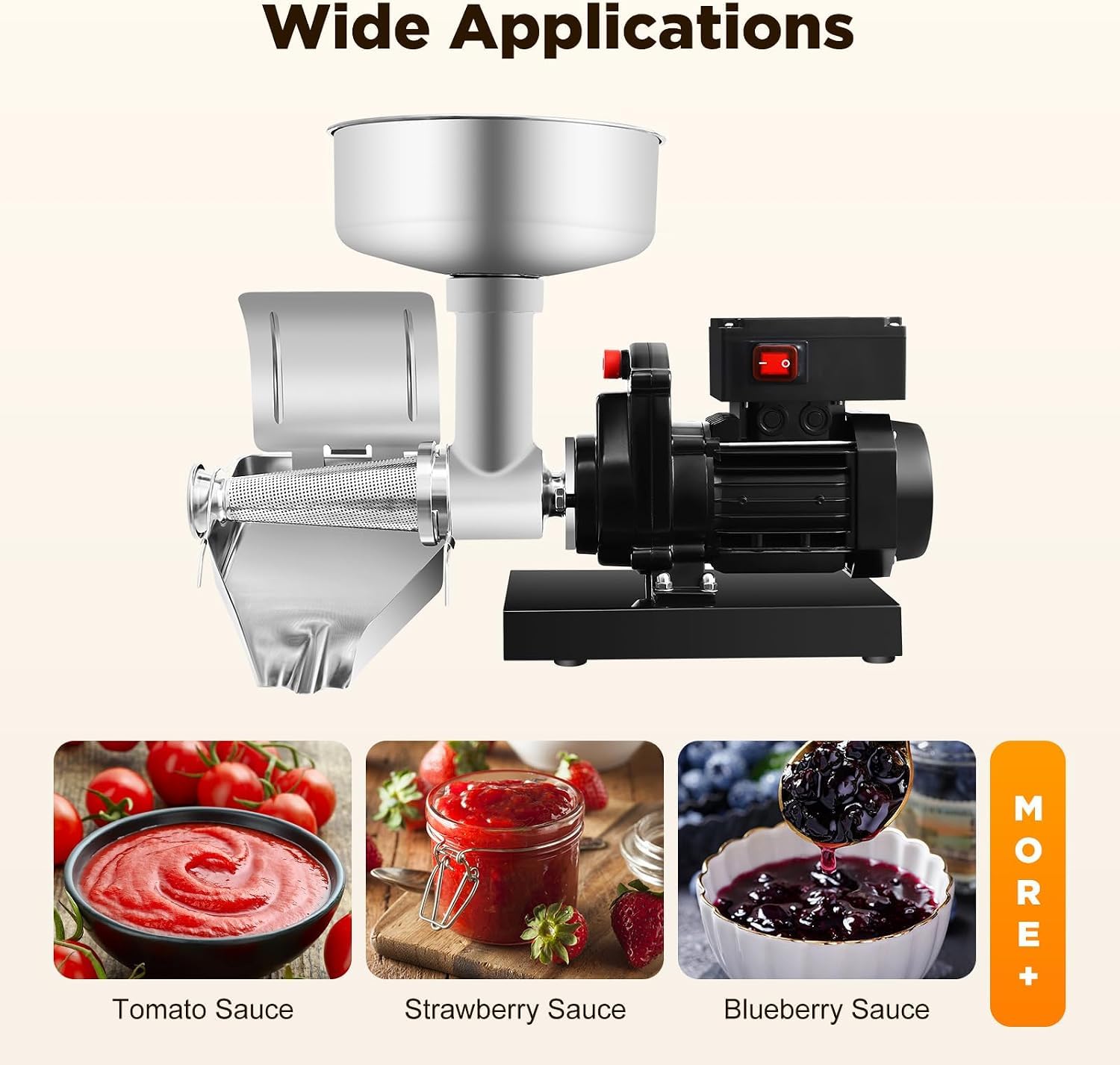 Passaverdure elettrico per pomodori da 450 W, professionale, in acciaio inox, ideale per salse, con imbuto grande e facile da pulire.