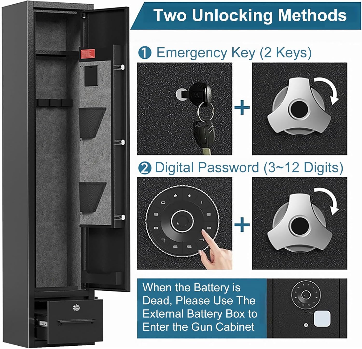 Gun Cabinet with Alarm Function, Rifle Safe with Drawer and LED Light, Long Gun Safe for Rifles and Pistols, Shotgun Locker Ammunition Storage