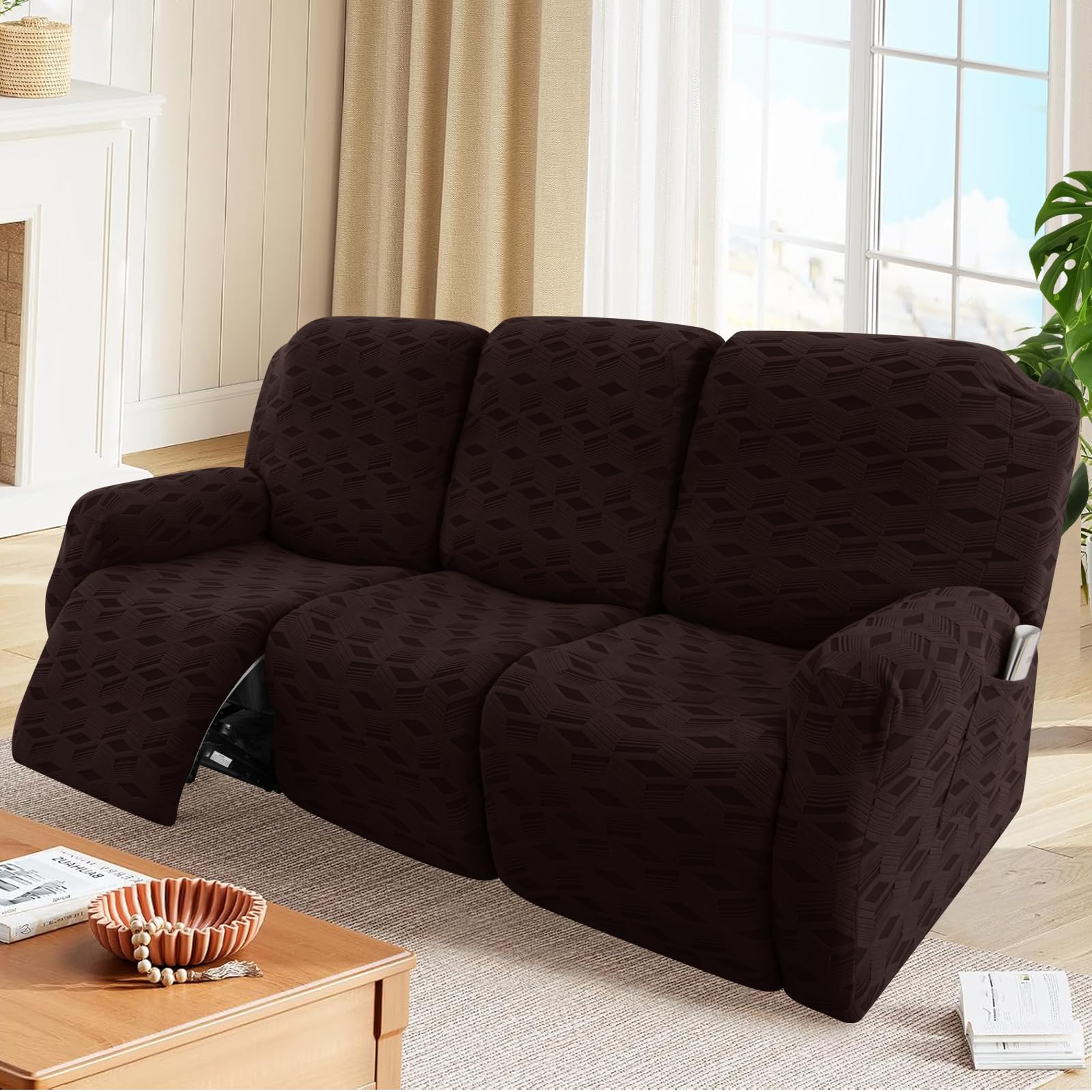 OKYUK Recliner Chair Covers - Stretch Jacquard Recliner Cover, Furniture Protector for Kids & Pets, Anti-Slip Recliner Covers with Side Pockets for Storage (Chocolate Checkered, 3 Seater)