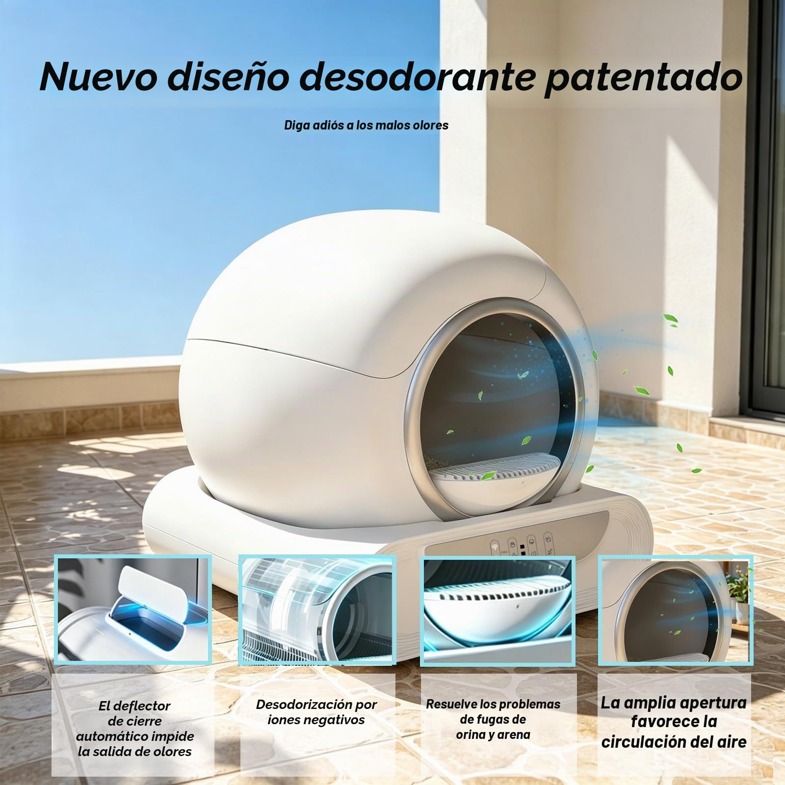 Arenero Automatico 74 L con Sistema Seguridad Avanzado | Desodorizante, Controlado por Aplicación con Alfombra Arenero Gato 6 Rollos Bolsas Basura, 2 Filtros para Varios Gatos