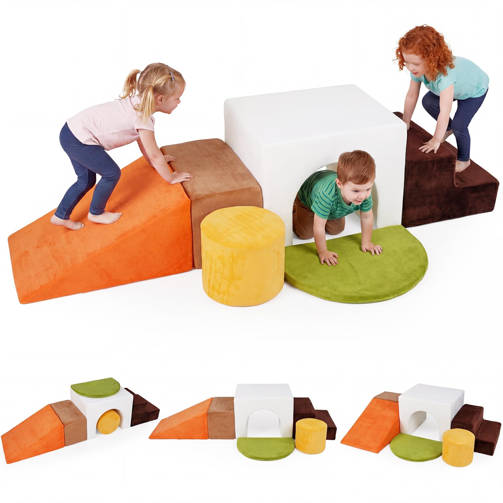COSTWAY Toddler Climb and Crawl Foam Play Set, 6 Piece Educational Soft Foam Climbing Blocks, Indoor Baby Activity Play Structures for Climbing, Sliding, Crawling (White+Brown)
