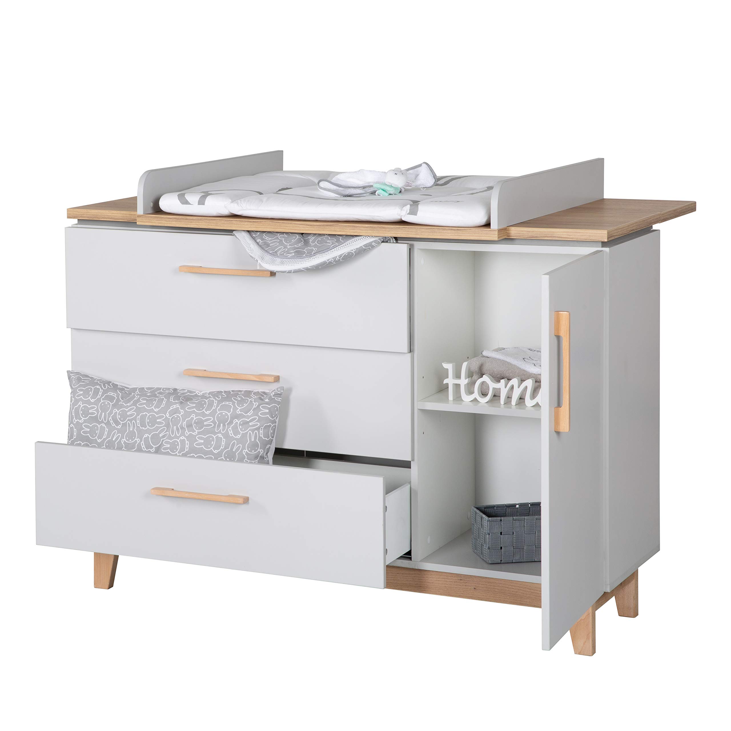 roba Fasciatoio con Cassettiera "Caro", con Sistema Soft-Close, 1 Vano con Anta, 3 Cassetti, 104 x 135 cm, Grigio/Legno Naturale