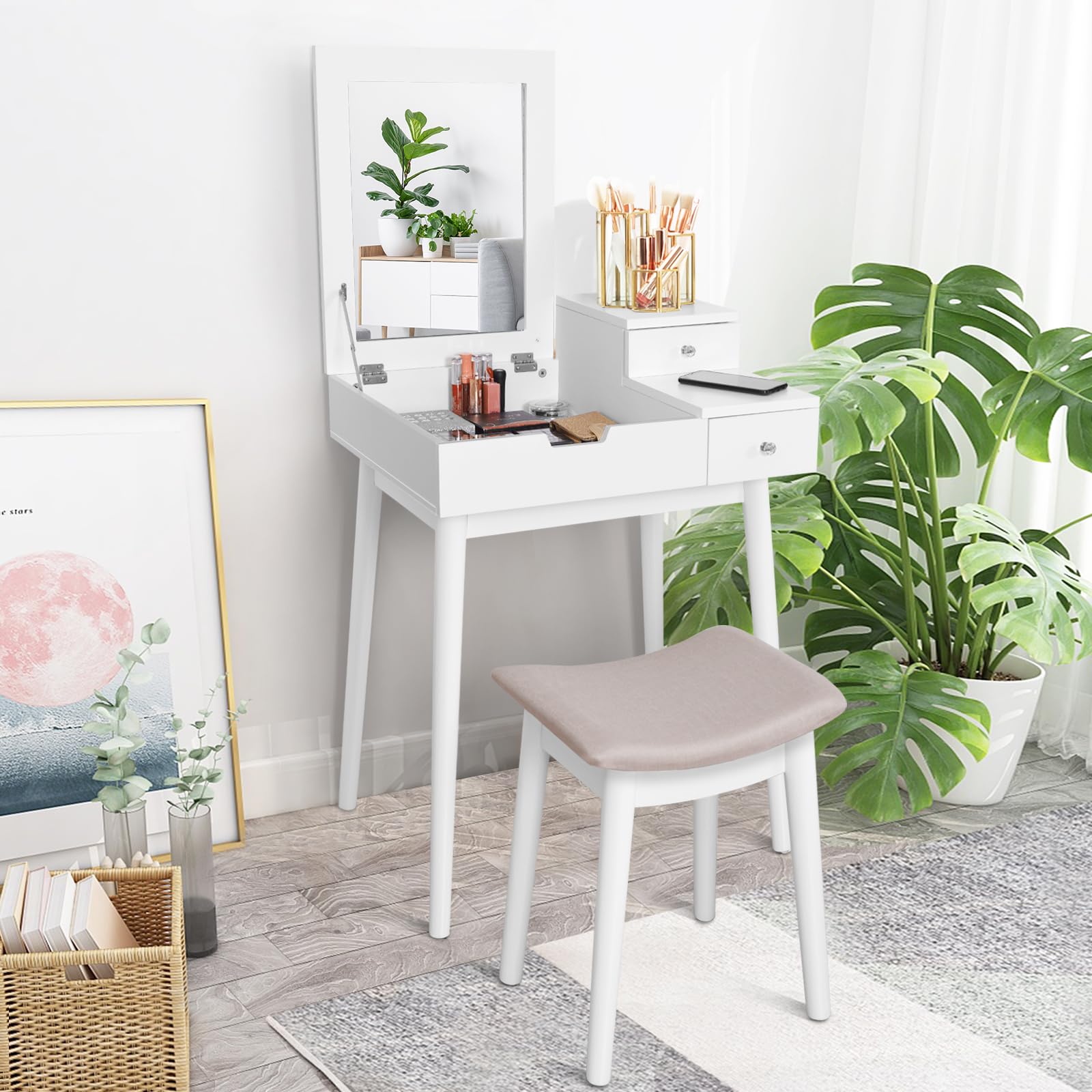 Giantex Vanity Table Set with Flip Top Mirror and Cushioned Stool, Folding Top Flip Mirrored Large Storage Organizer for Home Bedroom Bathroom, Makeup Dressing Table Set with 2 Drawers, White