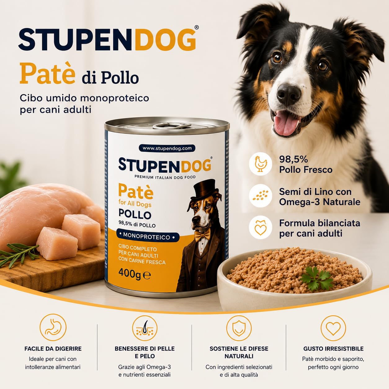 STUPENDOG Pâté senior au poulet avec orge et courgettes – 94% poulet frais, avec glucosamine et chondroïtine – Nourriture humide naturelle pour chiens âgés, sans conservateurs (12x400g)