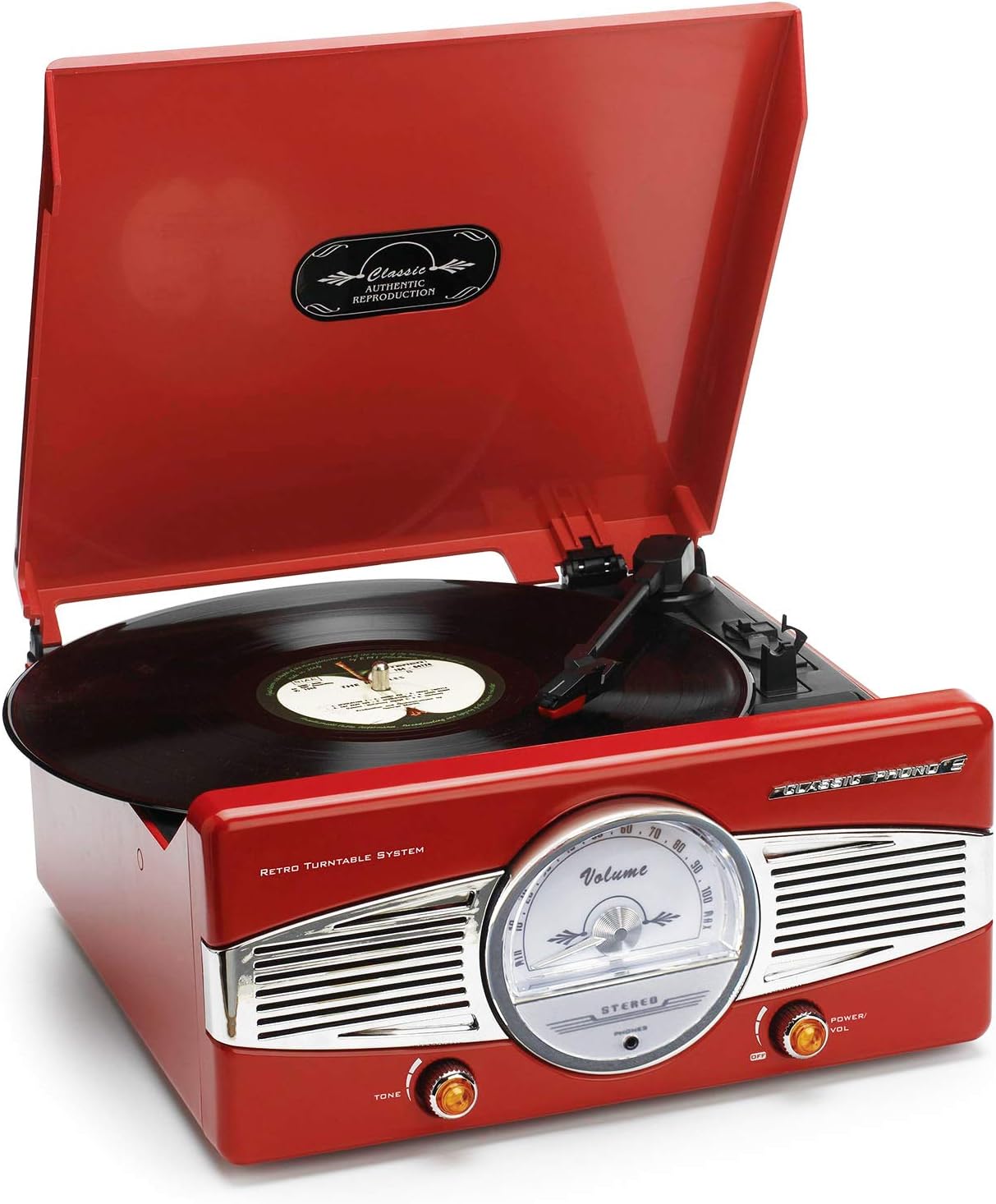 Lenco TT-27 Retro Turntable with lid open, showing the platter, tonearm, and controls.