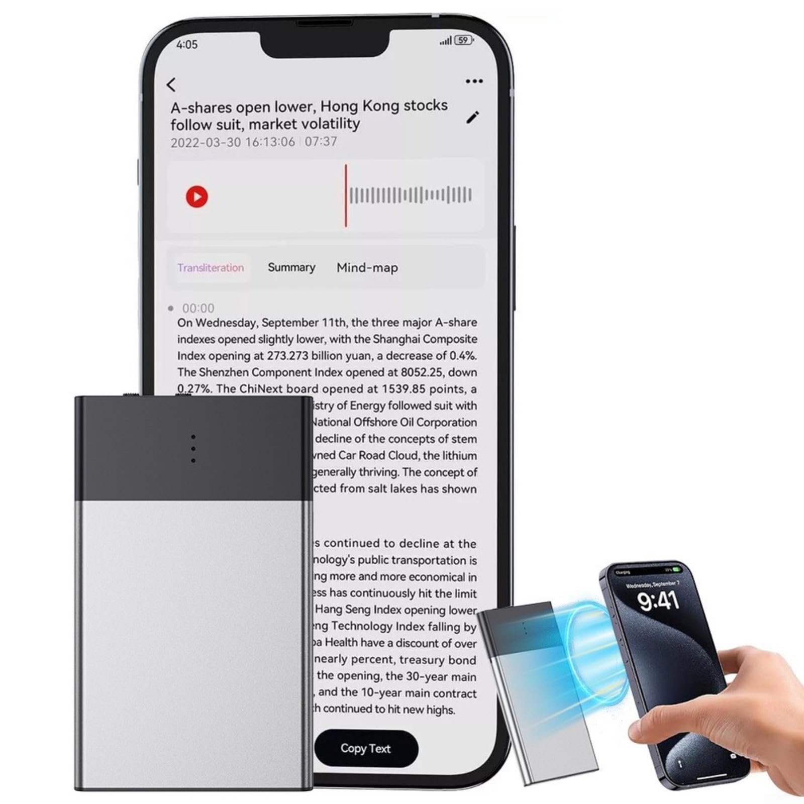 Tragbares KI-Diktiergerät mit Echtzeit-Transkription in 108 Sprachen, Anrufaufzeichnung für iPhone, kompaktes Metalldesign, Silber, ideal für Studenten und Profis (32 GB)